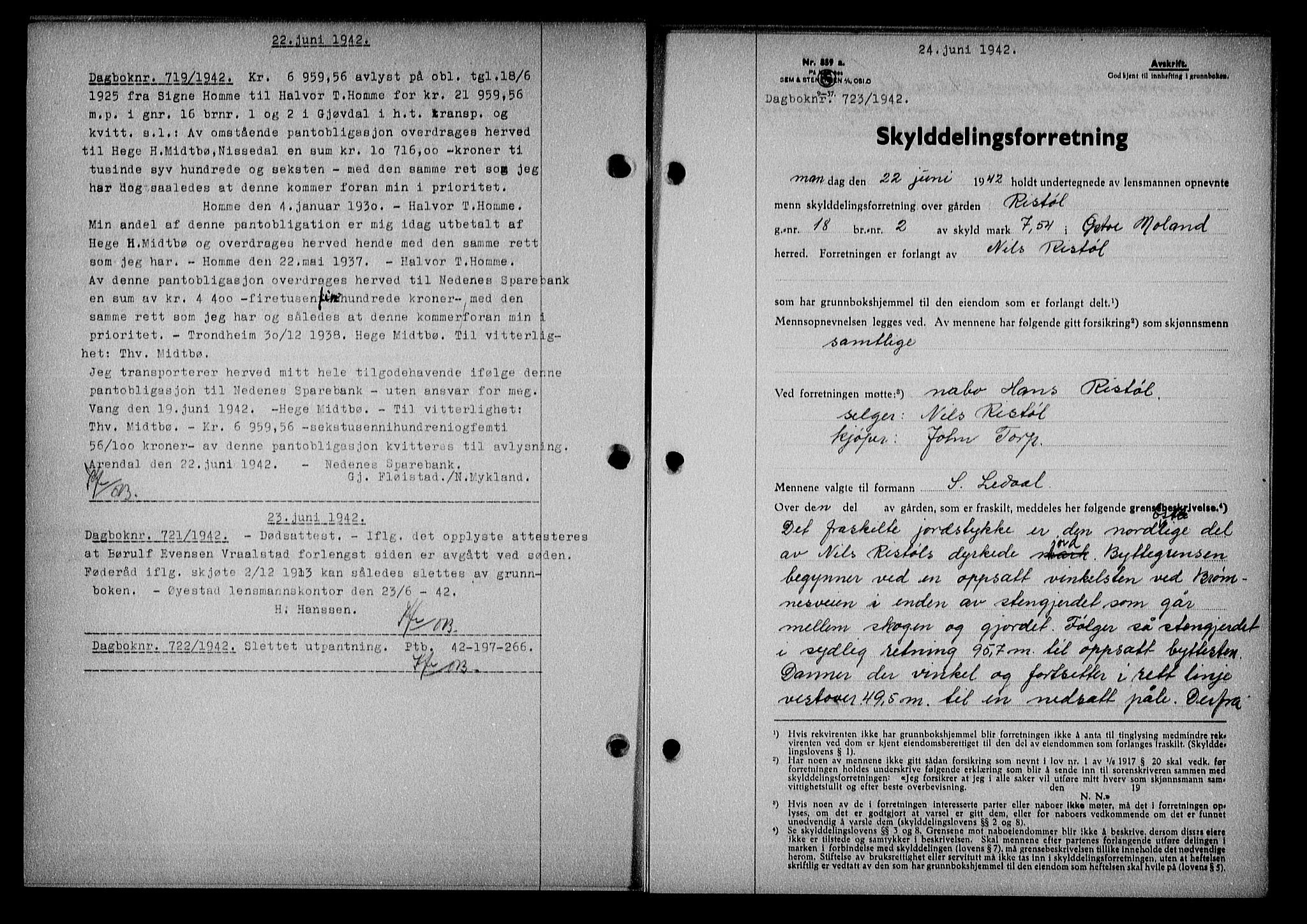 Nedenes sorenskriveri, AV/SAK-1221-0006/G/Gb/Gba/L0049: Mortgage book no. A-III, 1941-1942, Diary no: : 723/1942