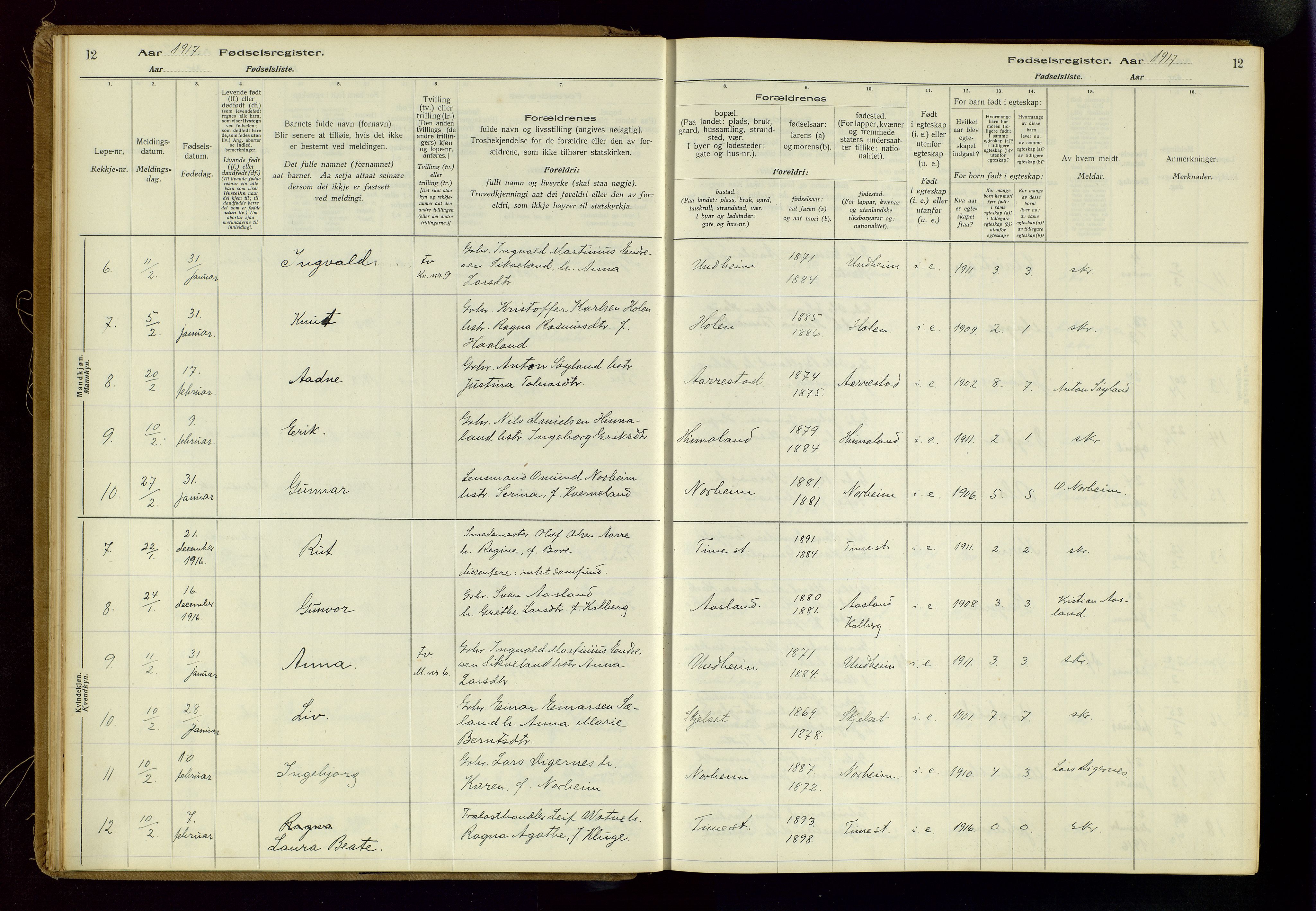 Time sokneprestkontor, AV/SAST-A-101795/001/704BA/L0001: Birth register no. 1, 1916-1934, p. 12