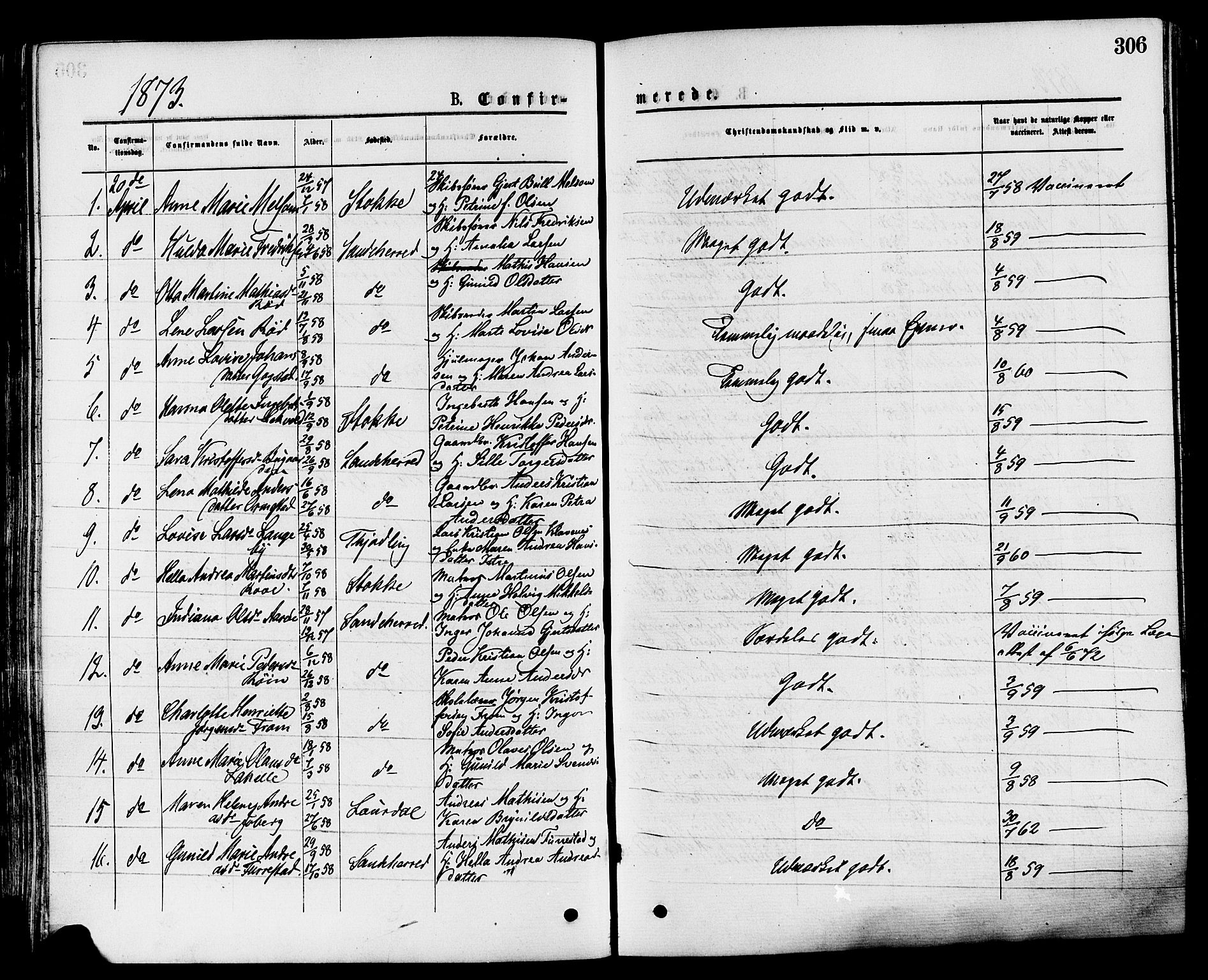 Sandar kirkebøker, SAKO/A-243/F/Fa/L0010: Parish register (official) no. 10, 1872-1882, p. 306
