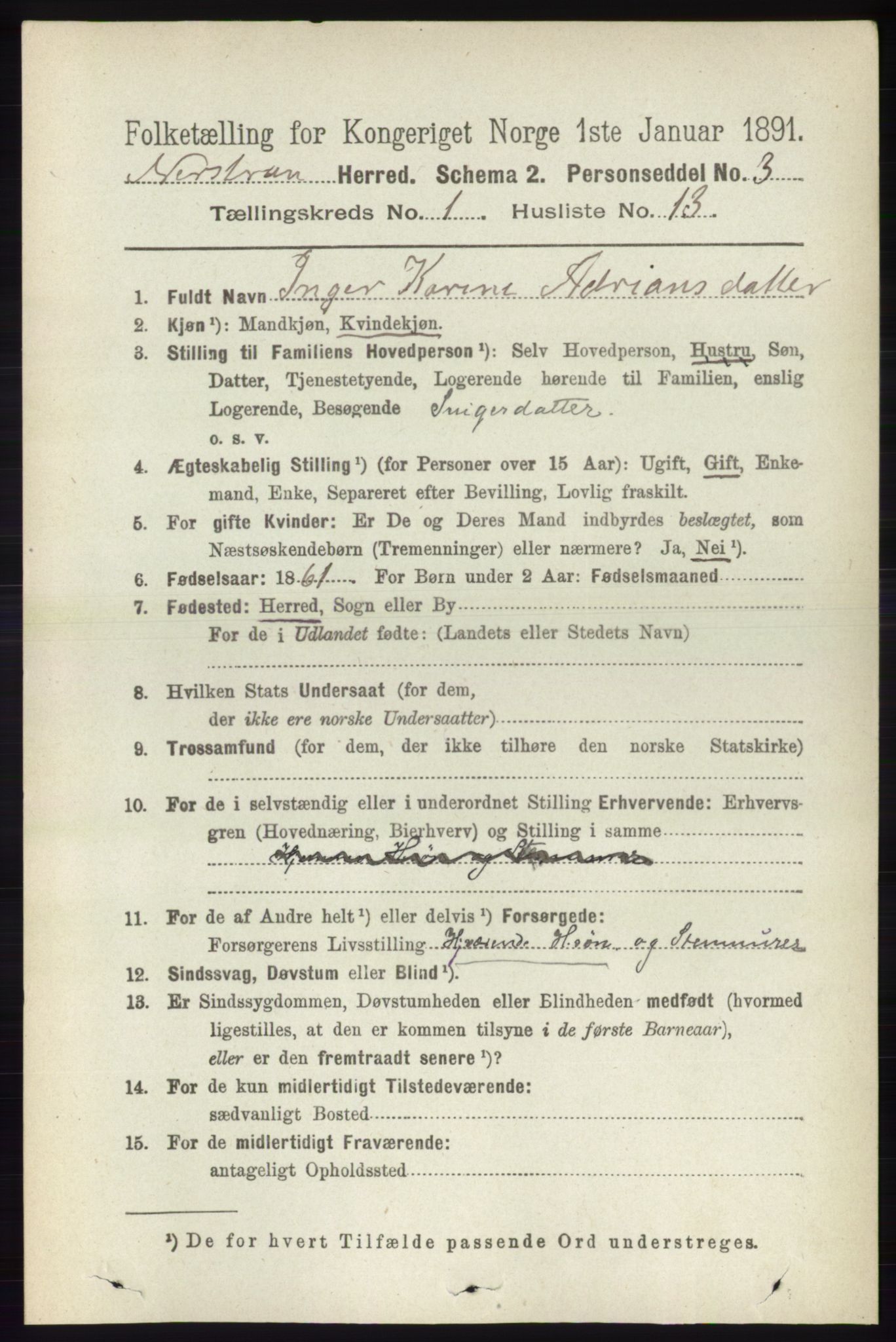 RA, 1891 census for 1139 Nedstrand, 1891, p. 151