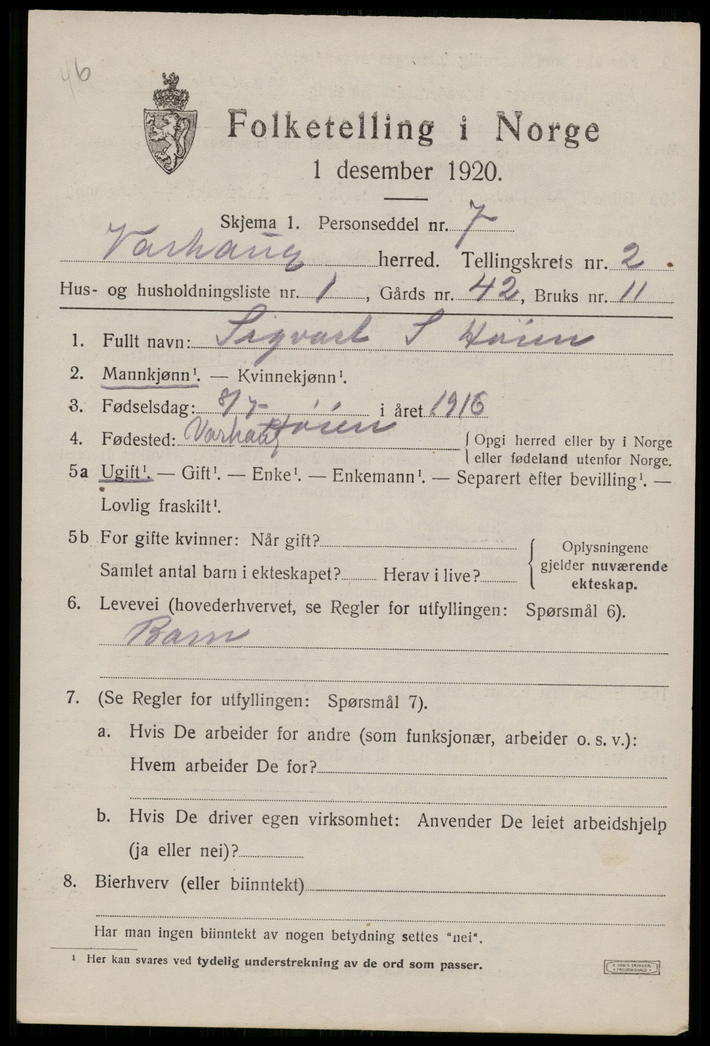 SAST, 1920 census for Varhaug, 1920, p. 1999