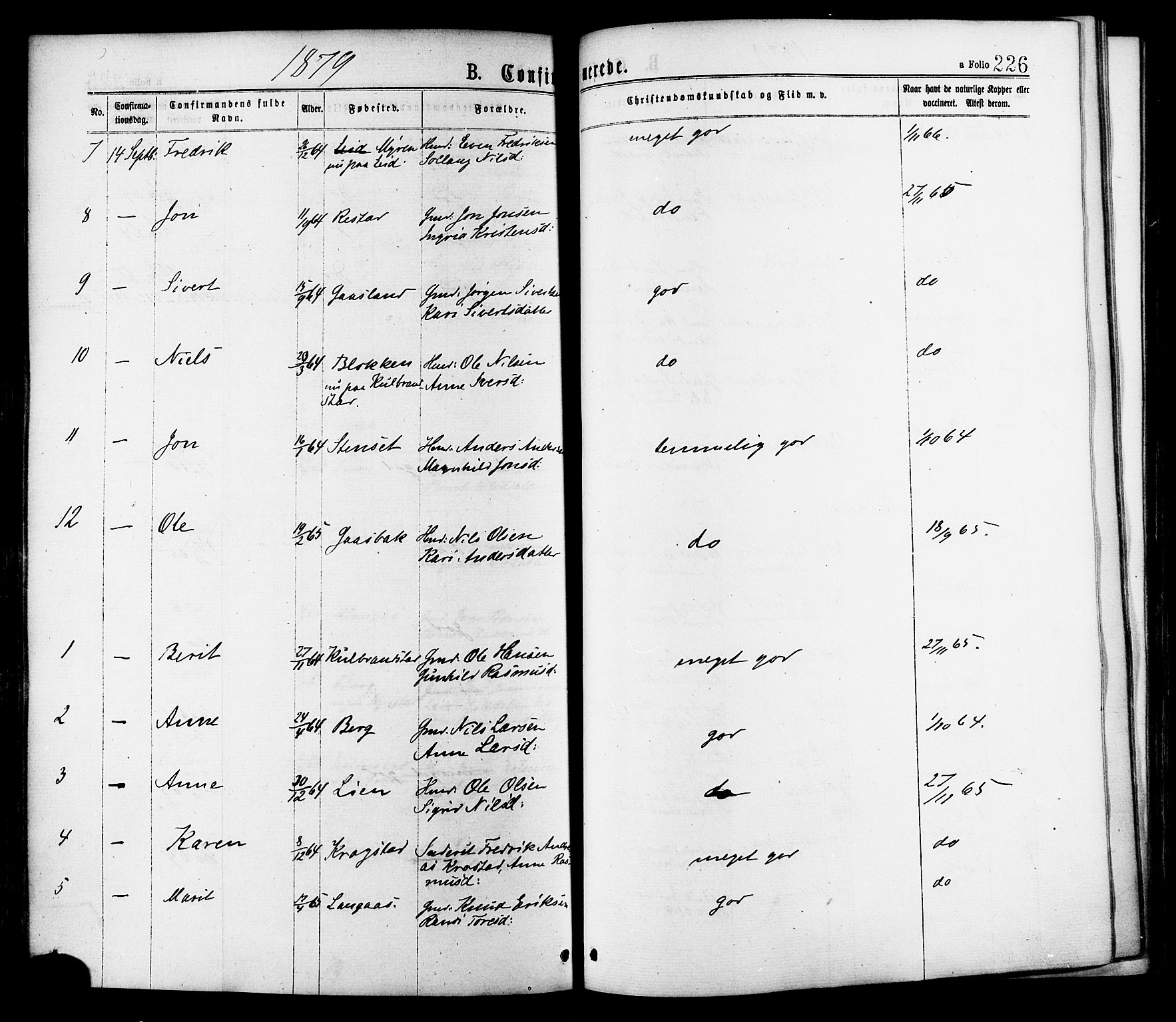 Ministerialprotokoller, klokkerbøker og fødselsregistre - Sør-Trøndelag, AV/SAT-A-1456/691/L1079: Parish register (official) no. 691A11, 1873-1886, p. 226