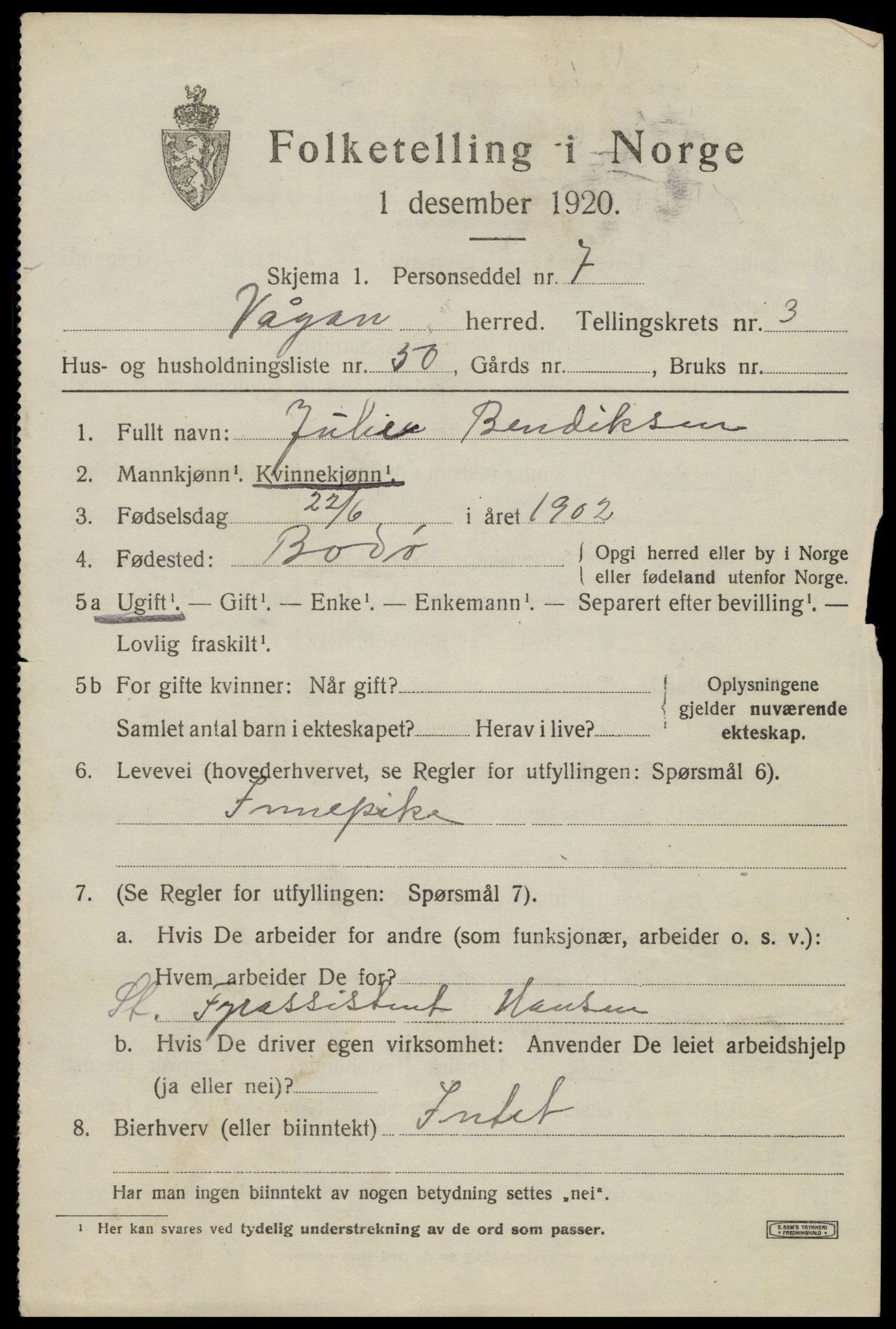 SAT, 1920 census for Vågan, 1920, p. 3167