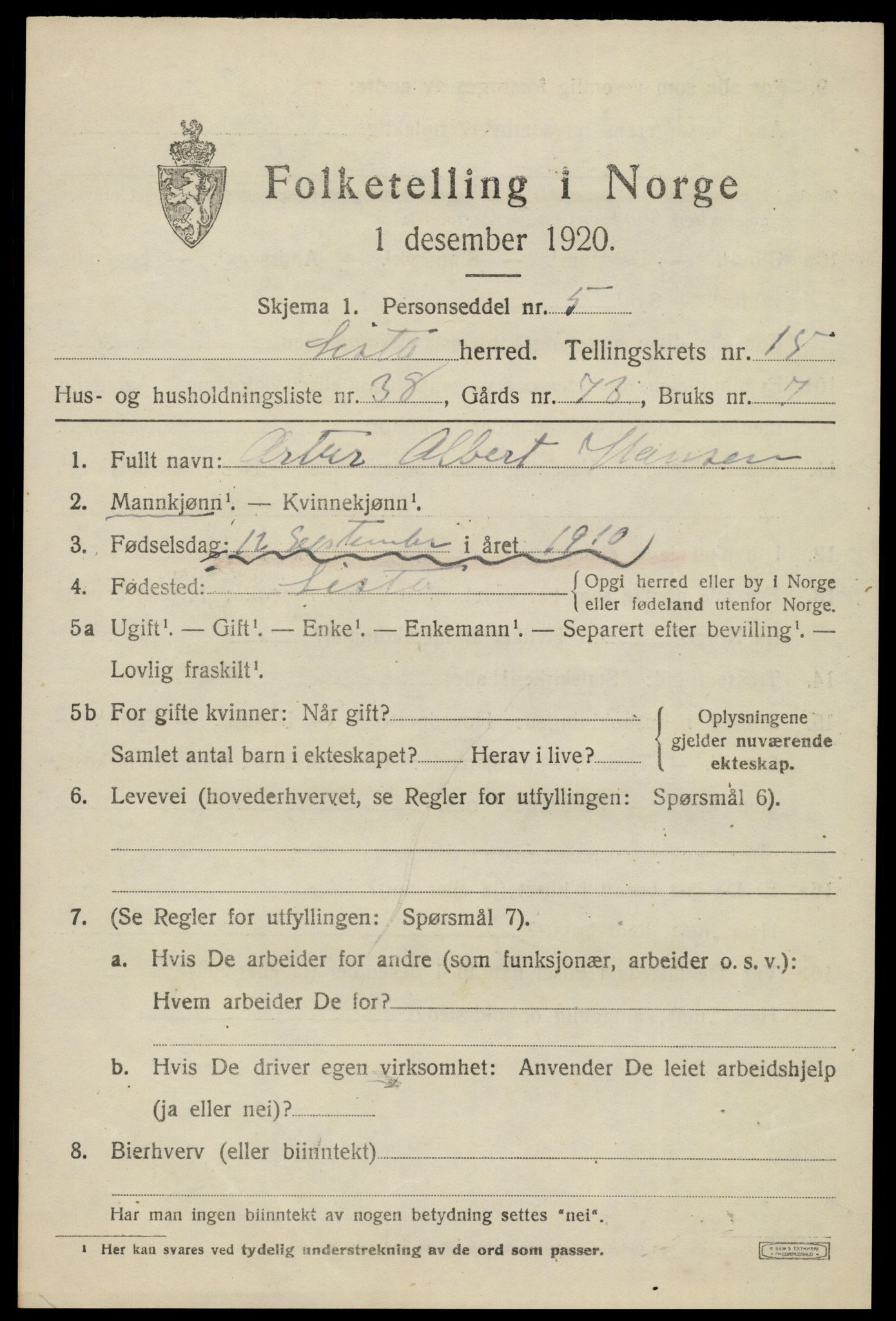 SAK, 1920 census for Lista, 1920, p. 12919