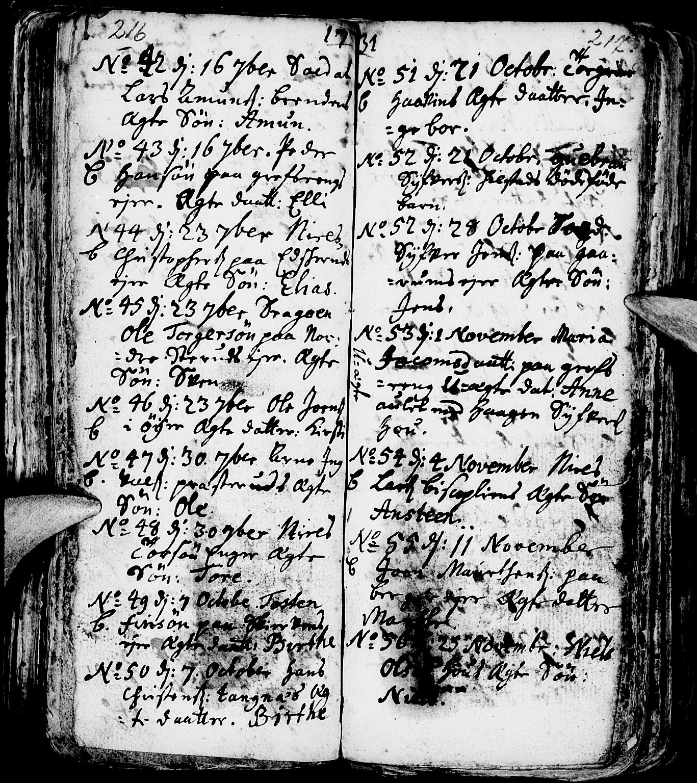 Nes prestekontor, Hedmark, AV/SAH-PREST-020/L/La/L0001: Parish register (copy) no. 1, 1663-1784, p. 216-217