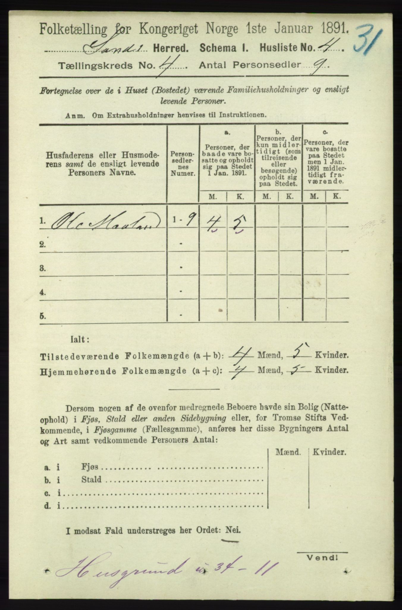 RA, 1891 census for 1136 Sand, 1891, p. 1157