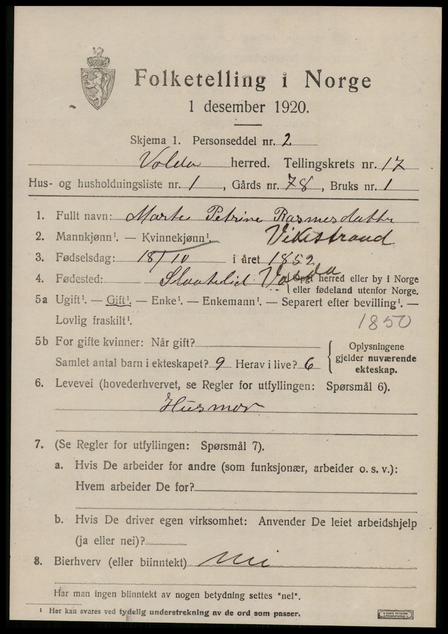 SAT, 1920 census for Volda, 1920, p. 9568