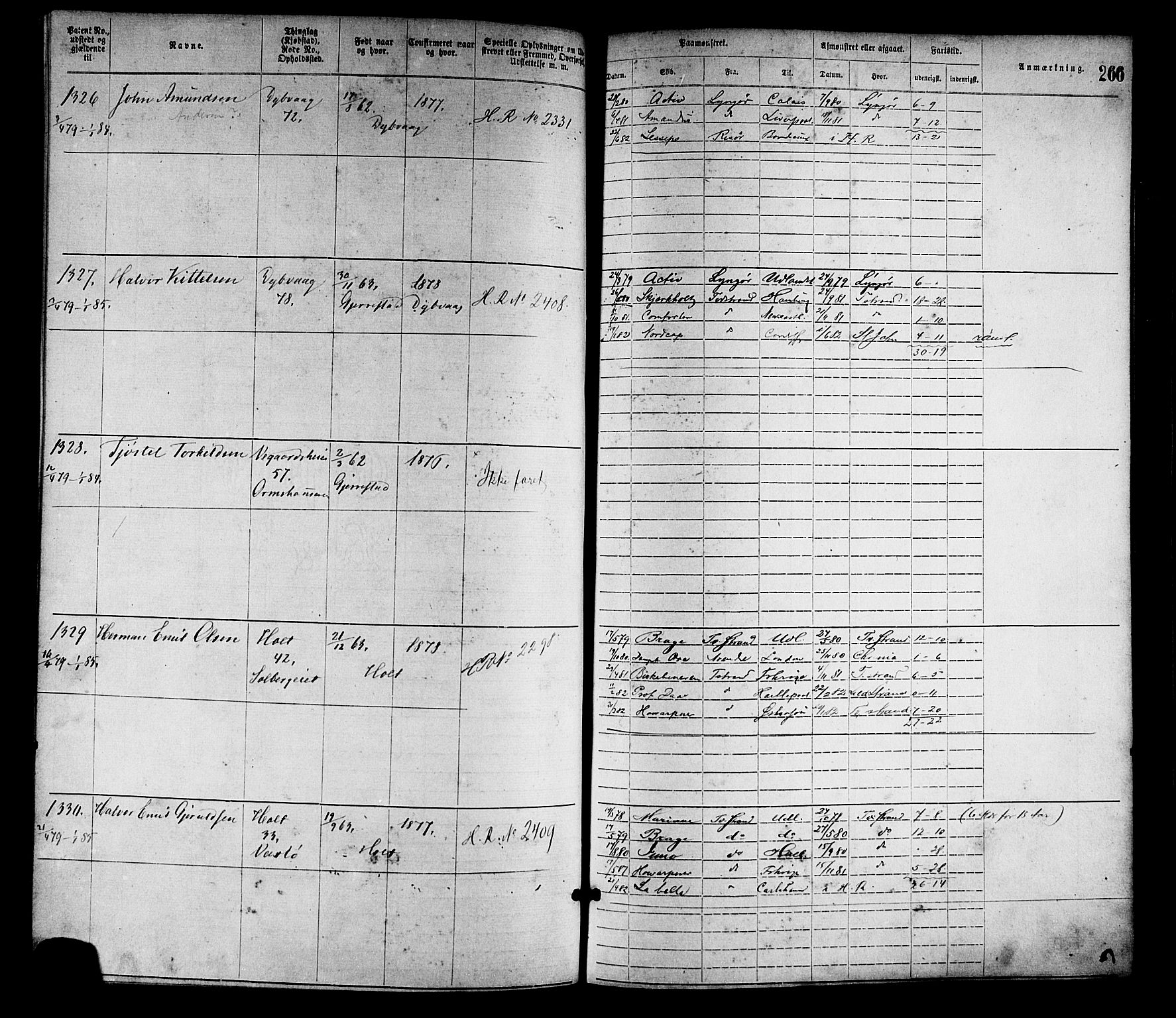 Tvedestrand mønstringskrets, SAK/2031-0011/F/Fa/L0001: Annotasjonsrulle nr 1-1905 med register, R-1, 1866-1886, p. 291