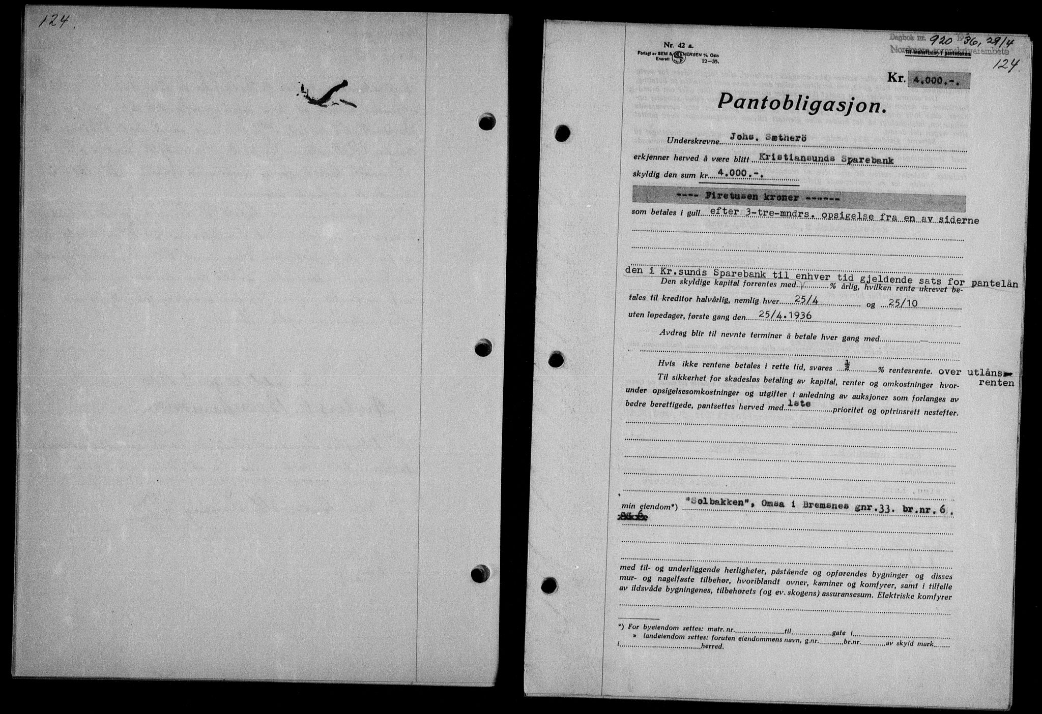 Nordmøre sorenskriveri, AV/SAT-A-4132/1/2/2Ca/L0088: Mortgage book no. 78, 1936-1936, Diary no: : 920/1936