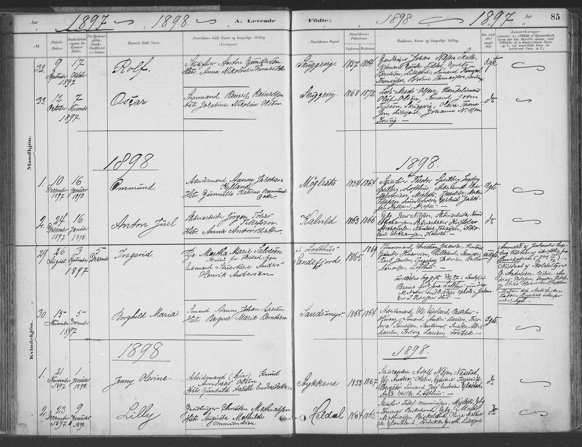 Vestre Moland sokneprestkontor, SAK/1111-0046/F/Fa/Fab/L0009: Parish register (official) no. A 9, 1884-1899, p. 85