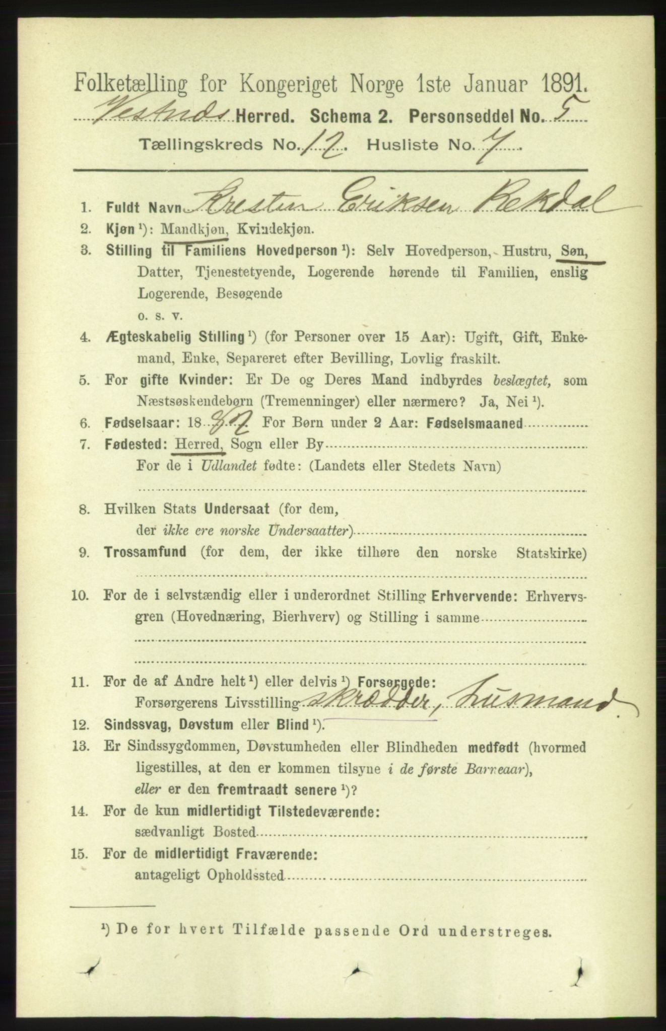 RA, 1891 census for 1535 Vestnes, 1891, p. 4455