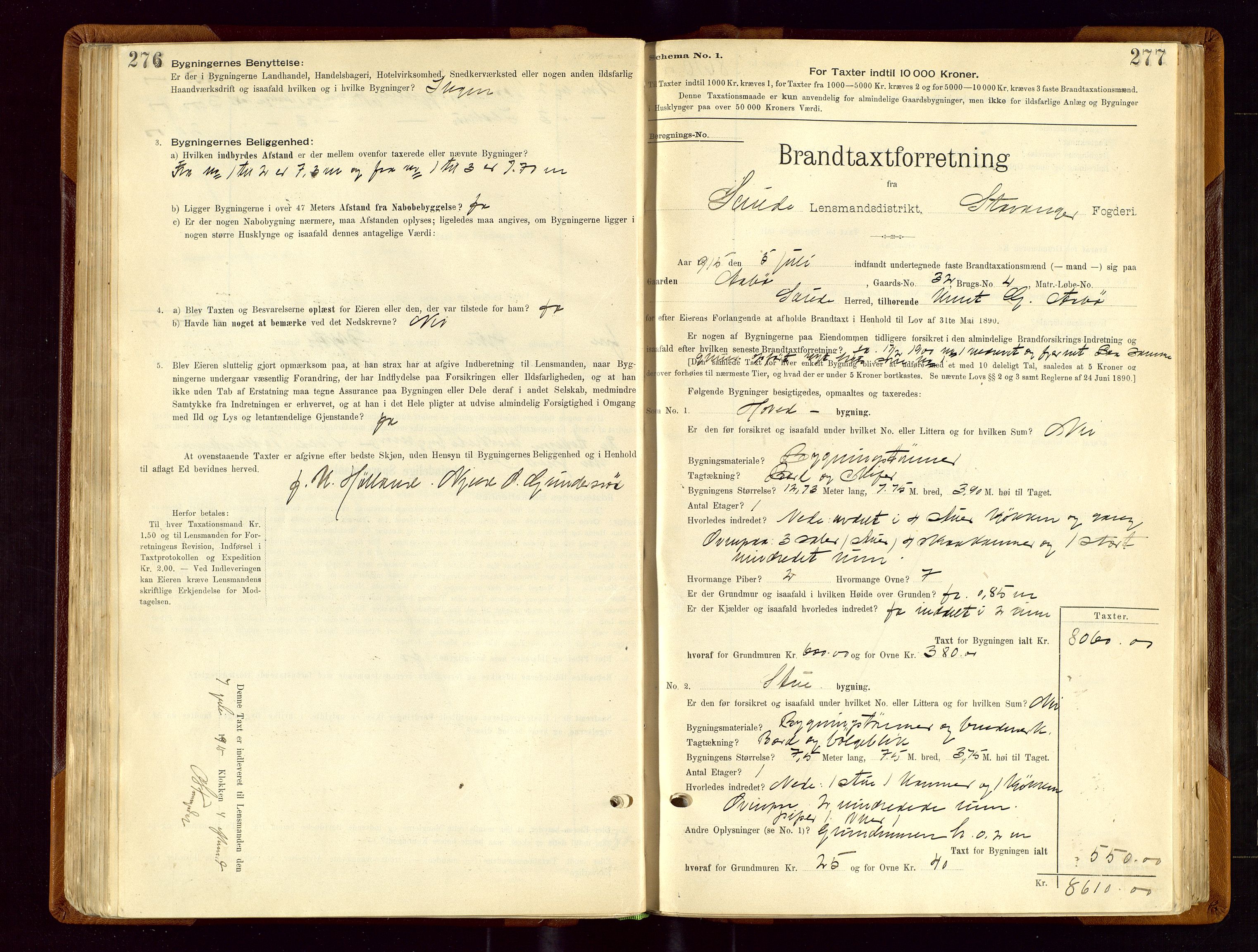 Sauda lensmannskontor, SAST/A-100177/Gob/L0001: Branntakstprotokoll - skjematakst, 1894-1914, p. 276-277