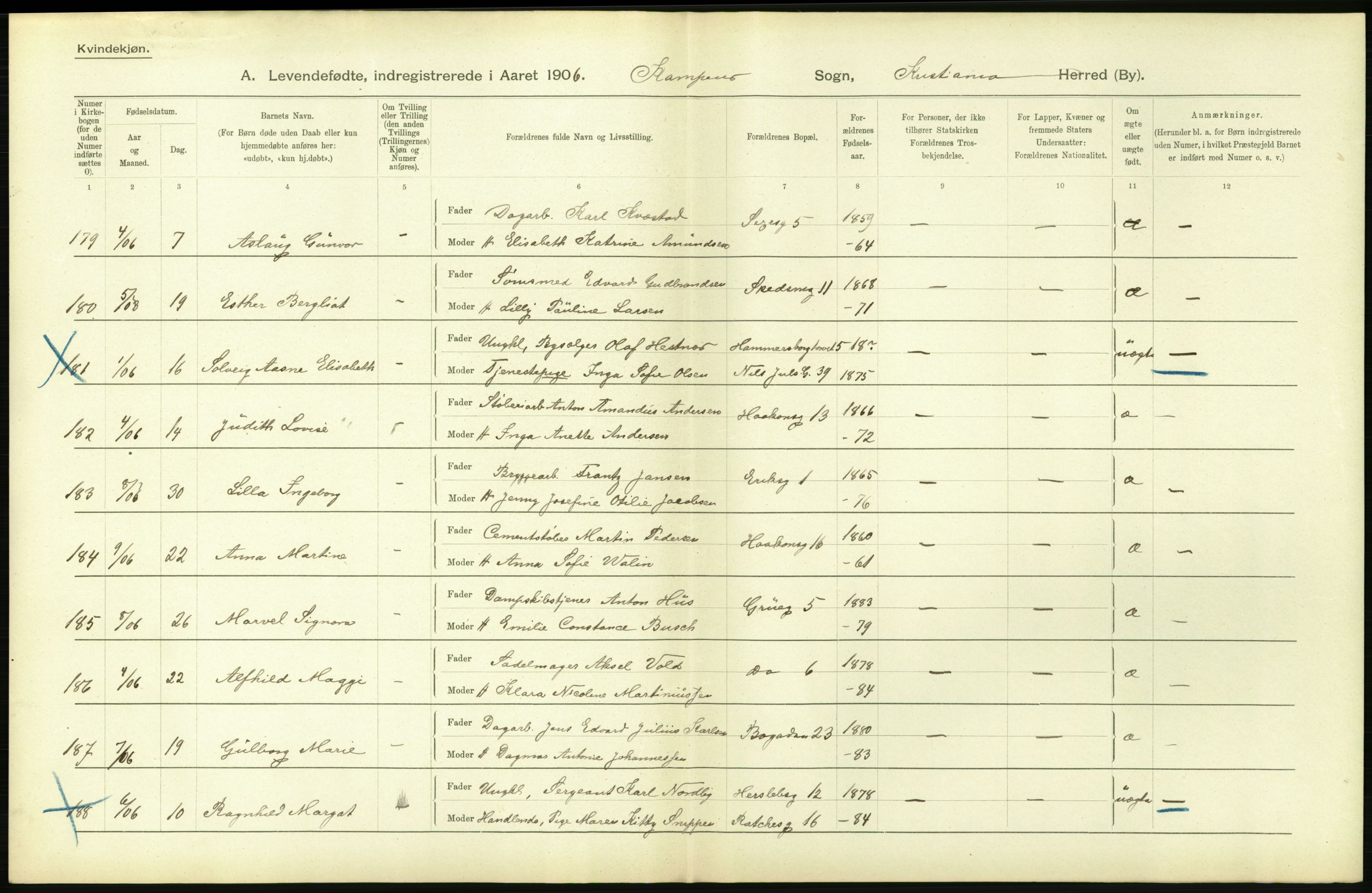 Statistisk sentralbyrå, Sosiodemografiske emner, Befolkning, AV/RA-S-2228/D/Df/Dfa/Dfad/L0007: Kristiania: Levendefødte menn og kvinner., 1906, p. 774