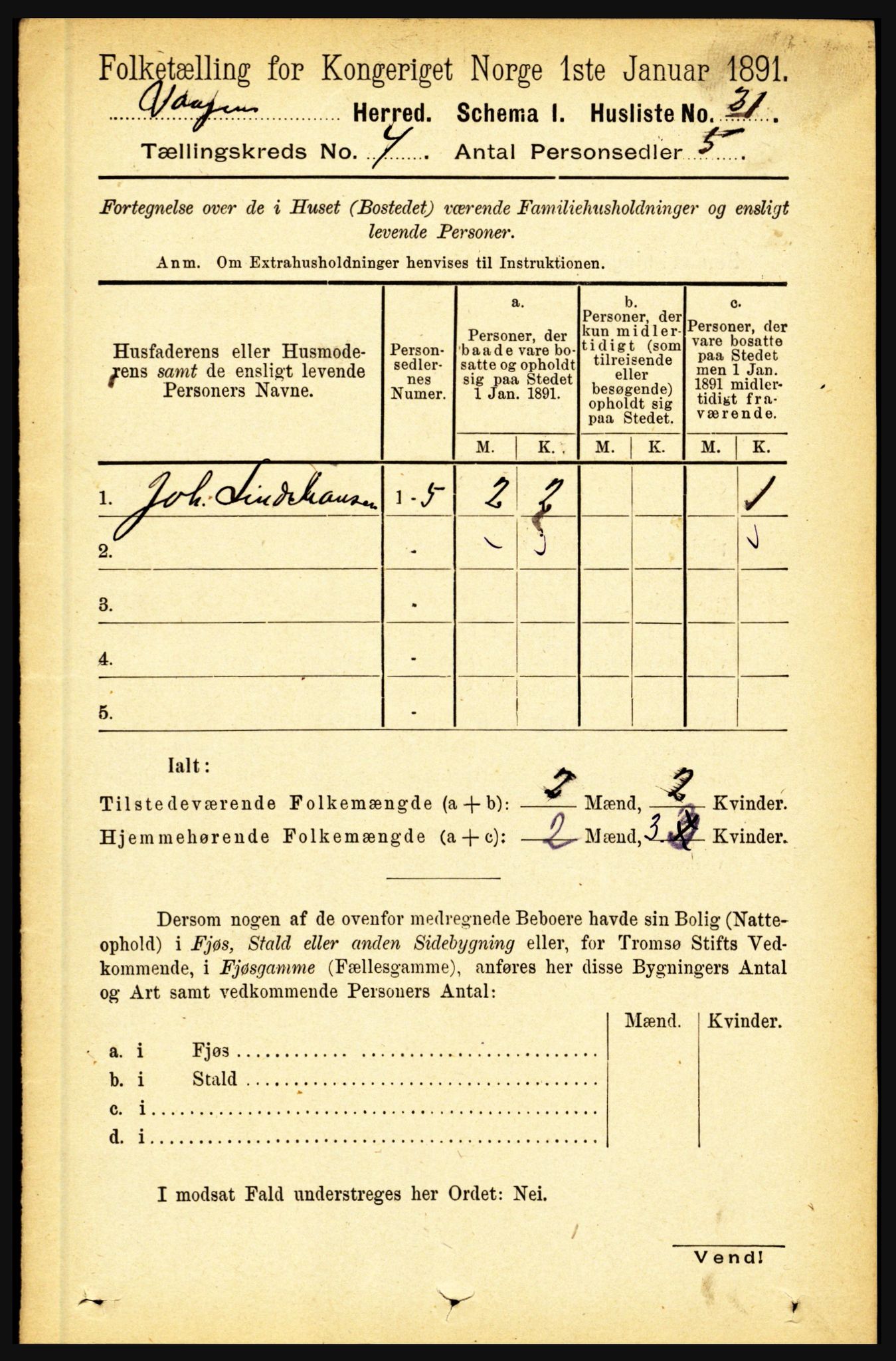 RA, 1891 census for 1865 Vågan, 1891, p. 911