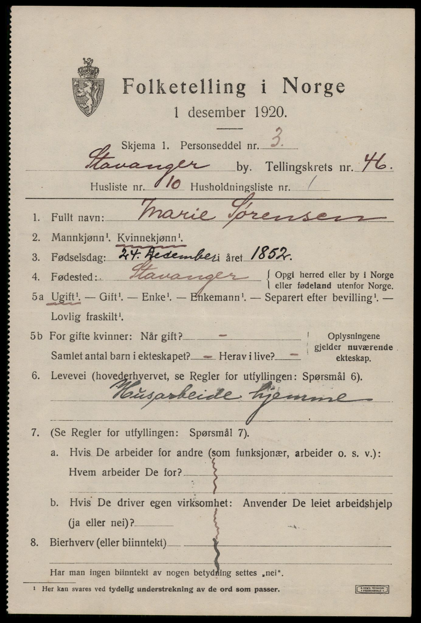 SAST, 1920 census for Stavanger, 1920, p. 112488