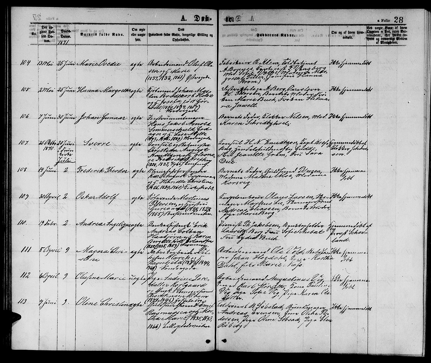 Ministerialprotokoller, klokkerbøker og fødselsregistre - Sør-Trøndelag, AV/SAT-A-1456/601/L0088: Parish register (copy) no. 601C06, 1870-1878, p. 28