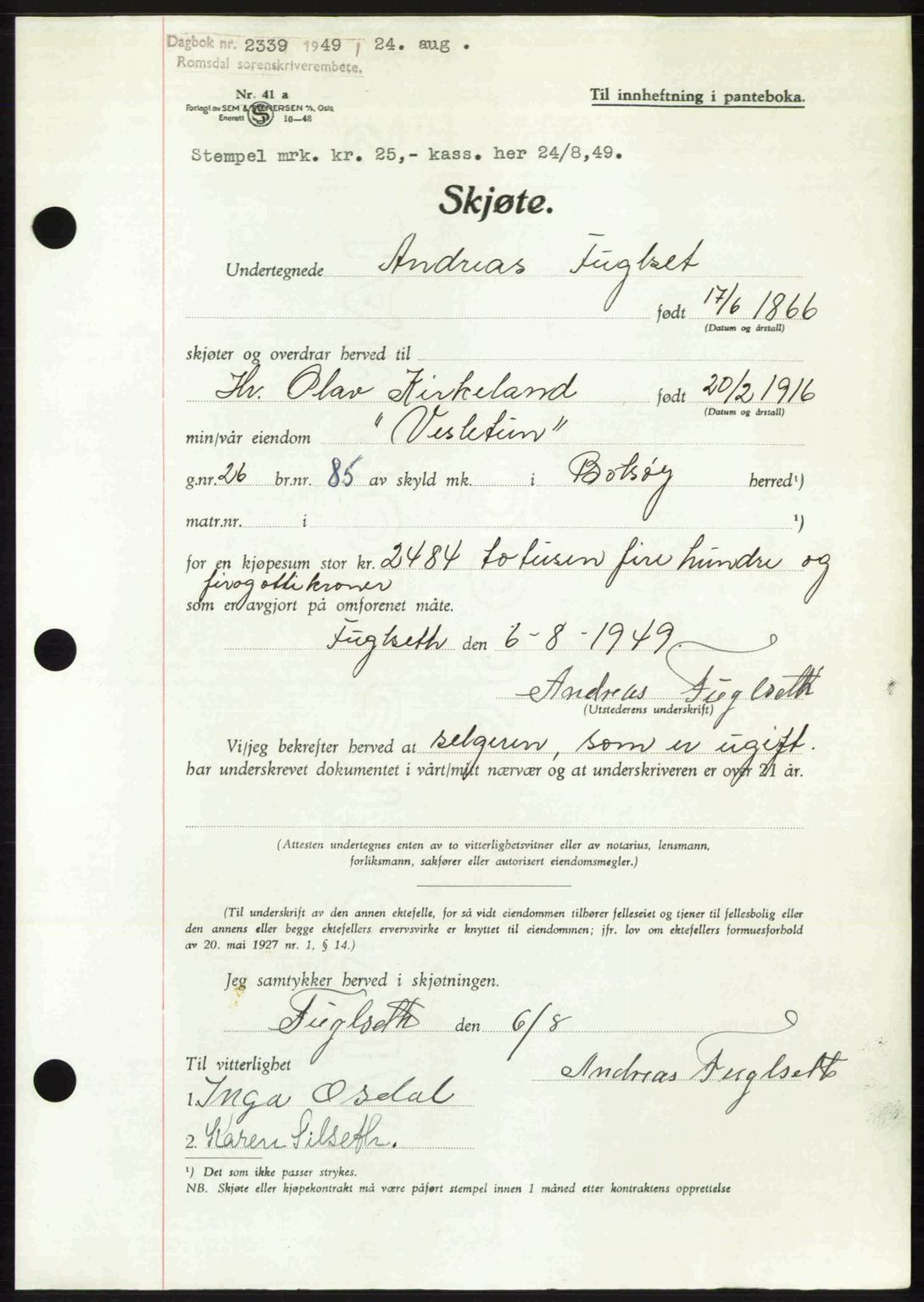 Romsdal sorenskriveri, AV/SAT-A-4149/1/2/2C: Mortgage book no. A30, 1949-1949, Diary no: : 2339/1949