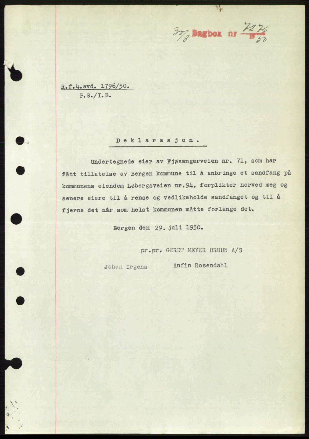 Byfogd og Byskriver i Bergen, AV/SAB-A-3401/03/03Bc/L0033: Mortgage book no. A26-27, 1950-1950, Diary no: : 7276/1950