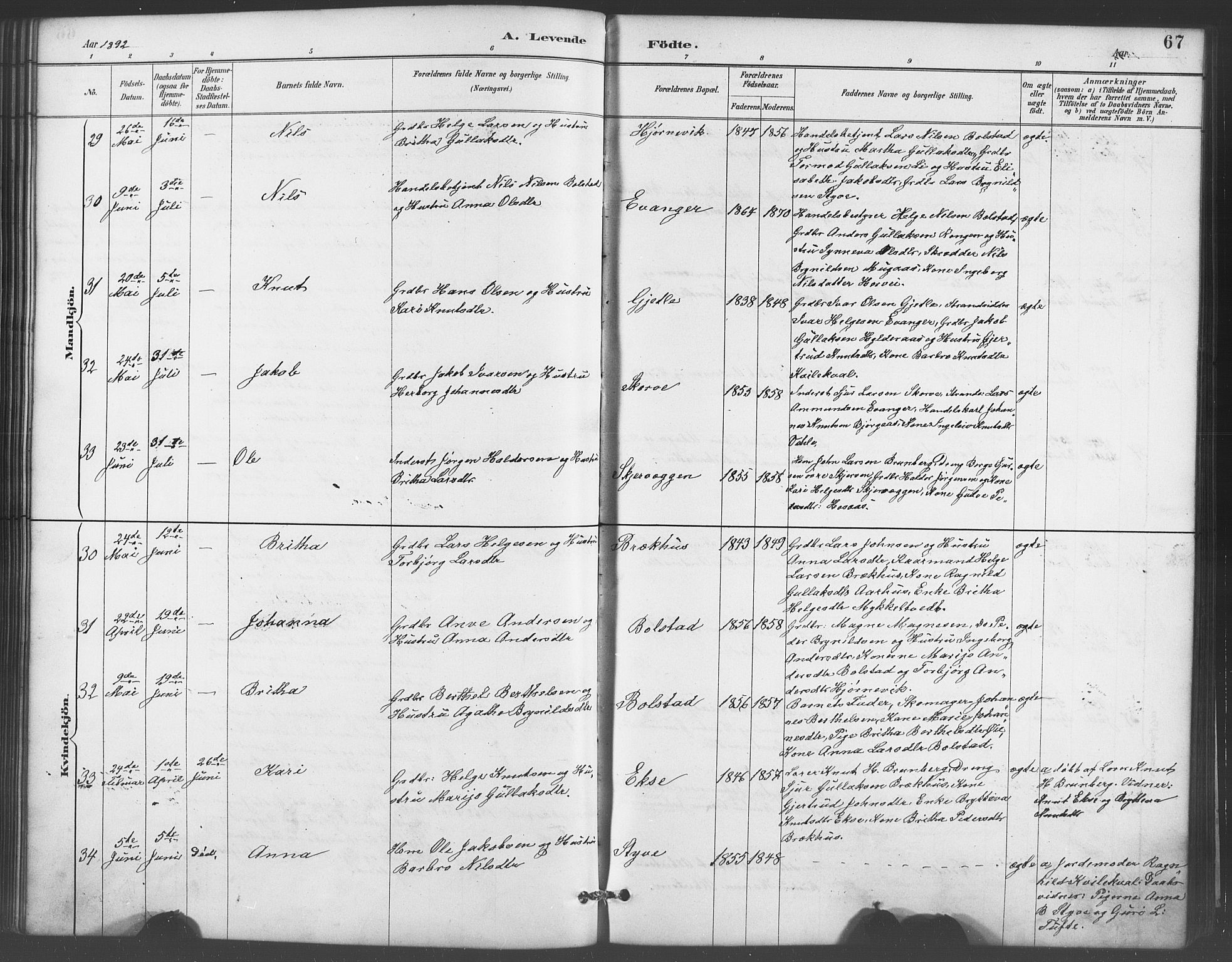 Evanger sokneprestembete, AV/SAB-A-99924: Parish register (copy) no. A 4, 1887-1897, p. 67