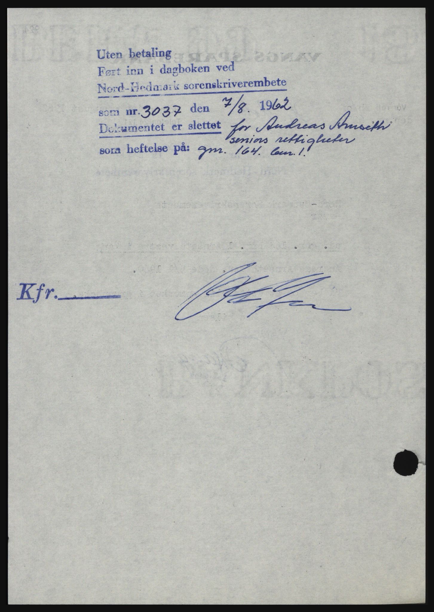 Nord-Hedmark sorenskriveri, SAH/TING-012/H/Hc/L0016: Mortgage book no. 16, 1962-1962, Diary no: : 3037/1962