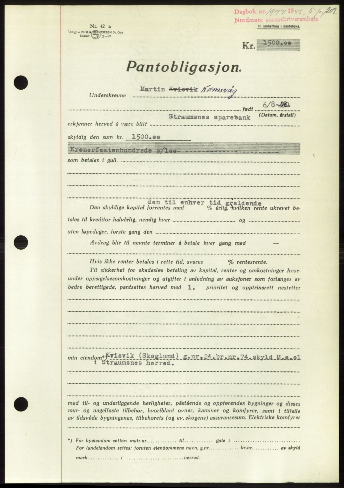 Nordmøre sorenskriveri, AV/SAT-A-4132/1/2/2Ca: Mortgage book no. B99, 1948-1948, Diary no: : 1977/1948