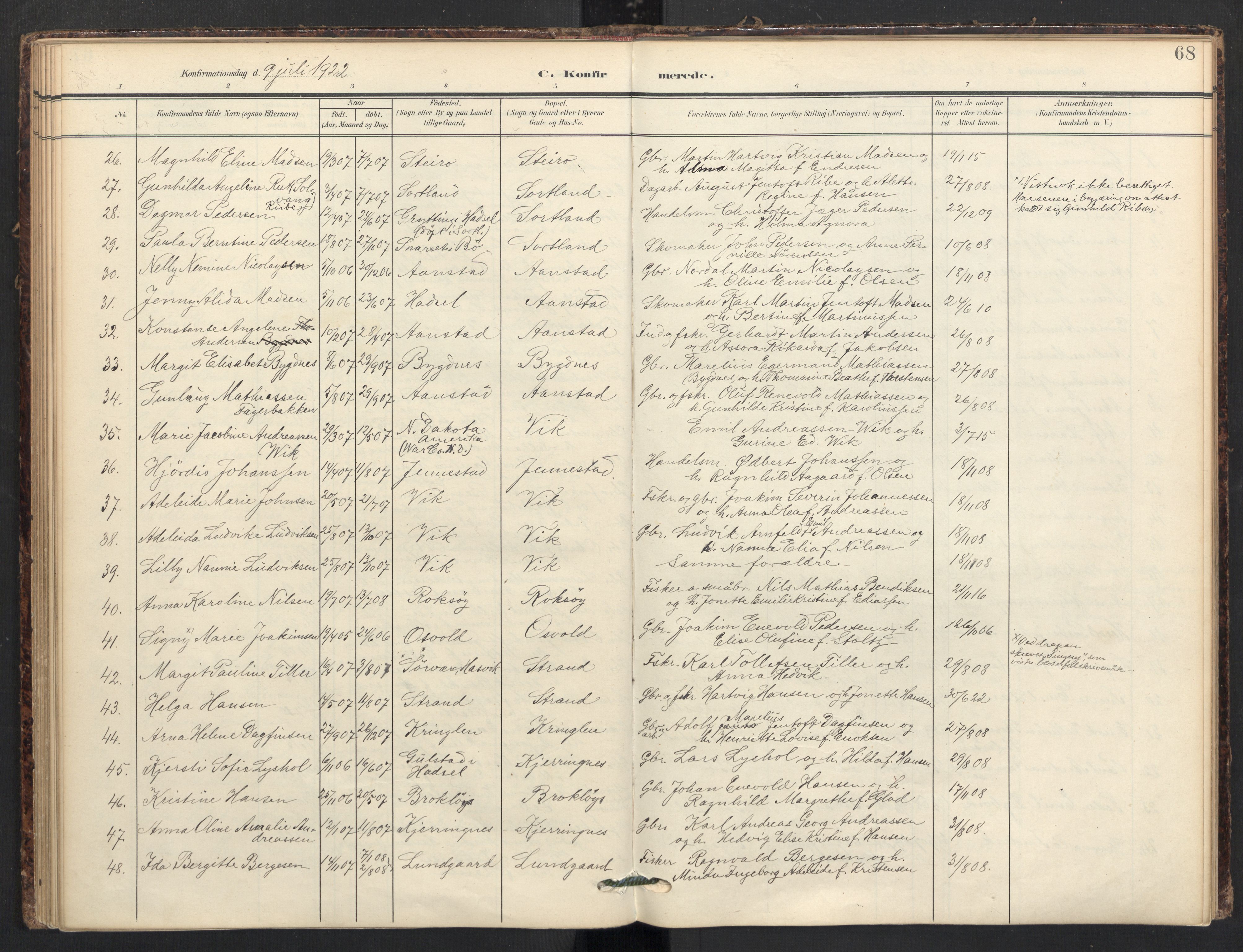 Ministerialprotokoller, klokkerbøker og fødselsregistre - Nordland, AV/SAT-A-1459/895/L1375: Parish register (official) no. 895A10, 1907-1938, p. 68