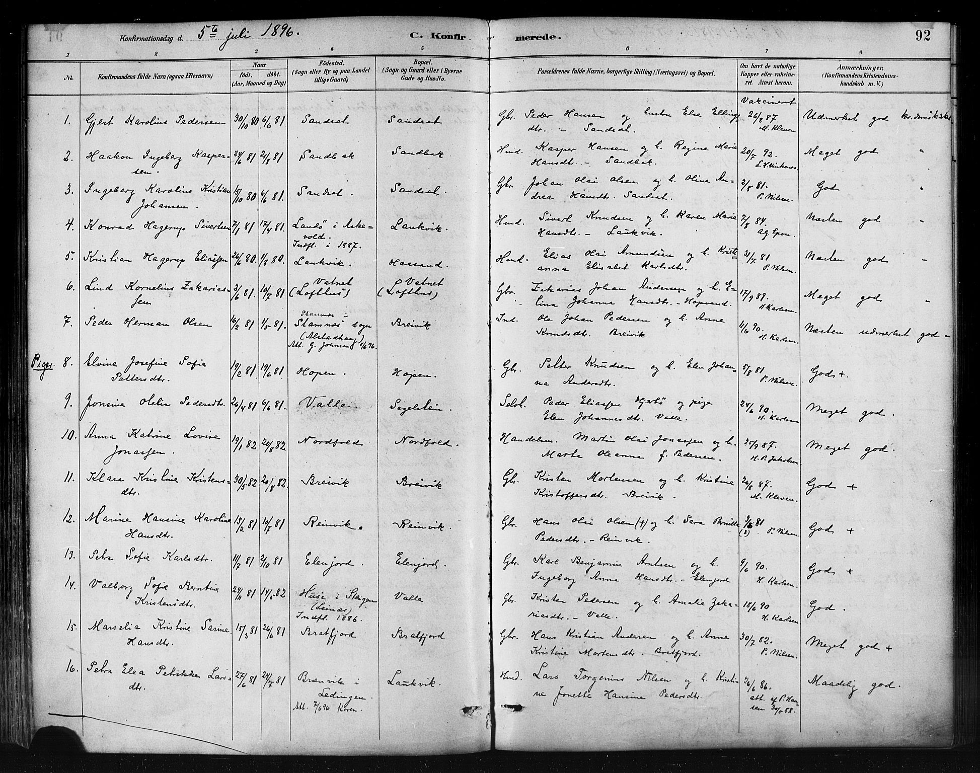 Ministerialprotokoller, klokkerbøker og fødselsregistre - Nordland, AV/SAT-A-1459/858/L0831: Parish register (official) no. 858A01, 1884-1902, p. 92