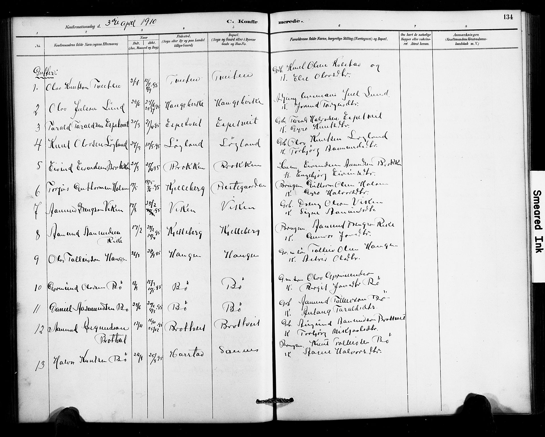 Valle sokneprestkontor, SAK/1111-0044/F/Fb/Fbc/L0004: Parish register (copy) no. B 4, 1890-1928, p. 134