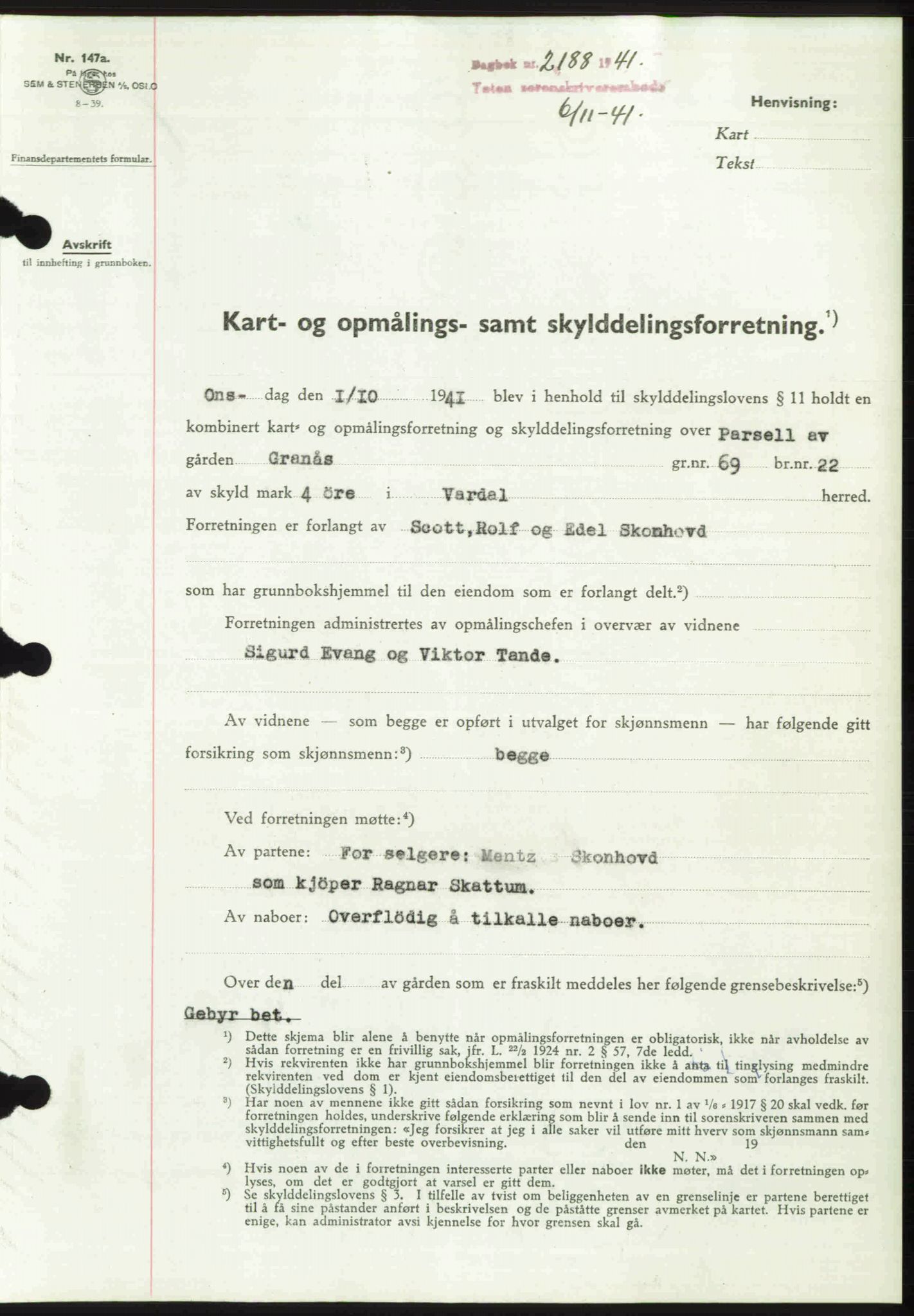 Toten tingrett, SAH/TING-006/H/Hb/Hbc/L0008: Mortgage book no. Hbc-08, 1941-1941, Diary no: : 2188/1941