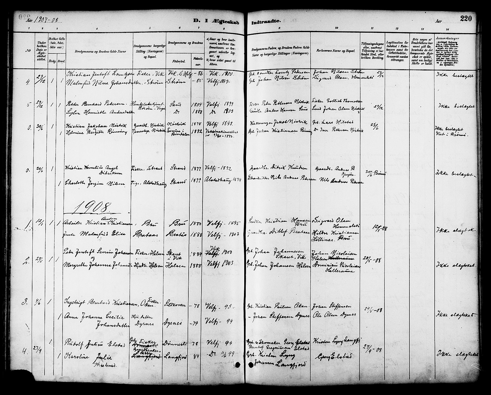 Ministerialprotokoller, klokkerbøker og fødselsregistre - Nordland, AV/SAT-A-1459/814/L0230: Parish register (copy) no. 814C03, 1884-1911, p. 220