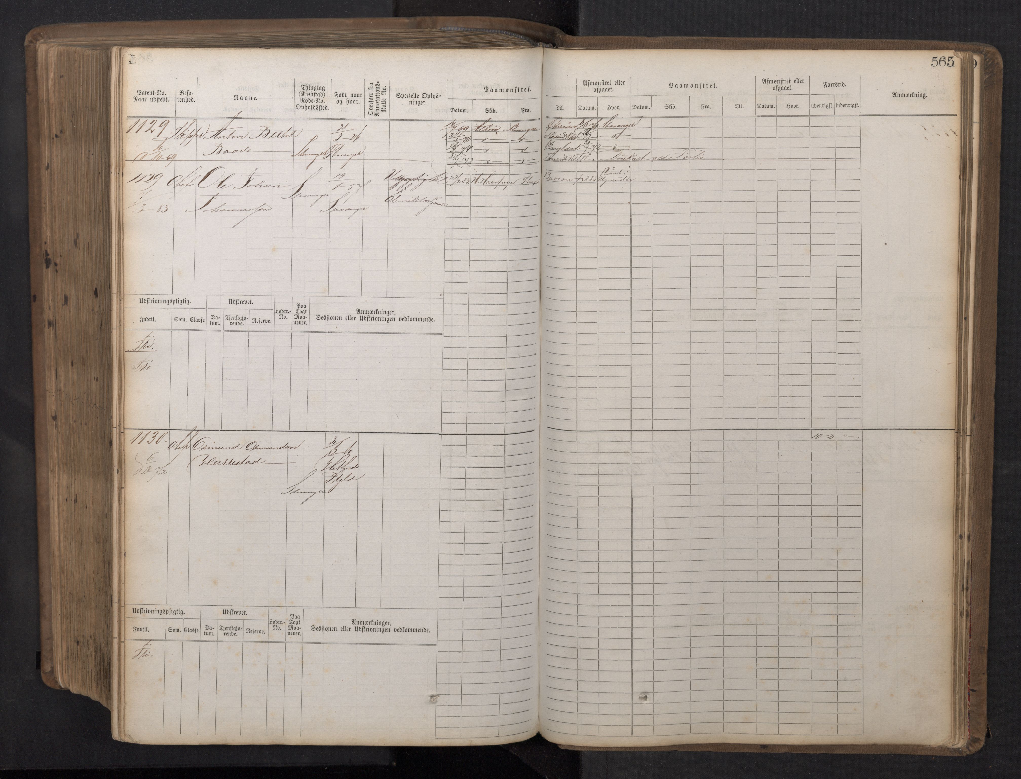 Stavanger sjømannskontor, AV/SAST-A-102006/F/Fb/Fbb/L0016: Sjøfartshovedrulle patnentnr. 1-1202 (dublett), 1869, p. 565