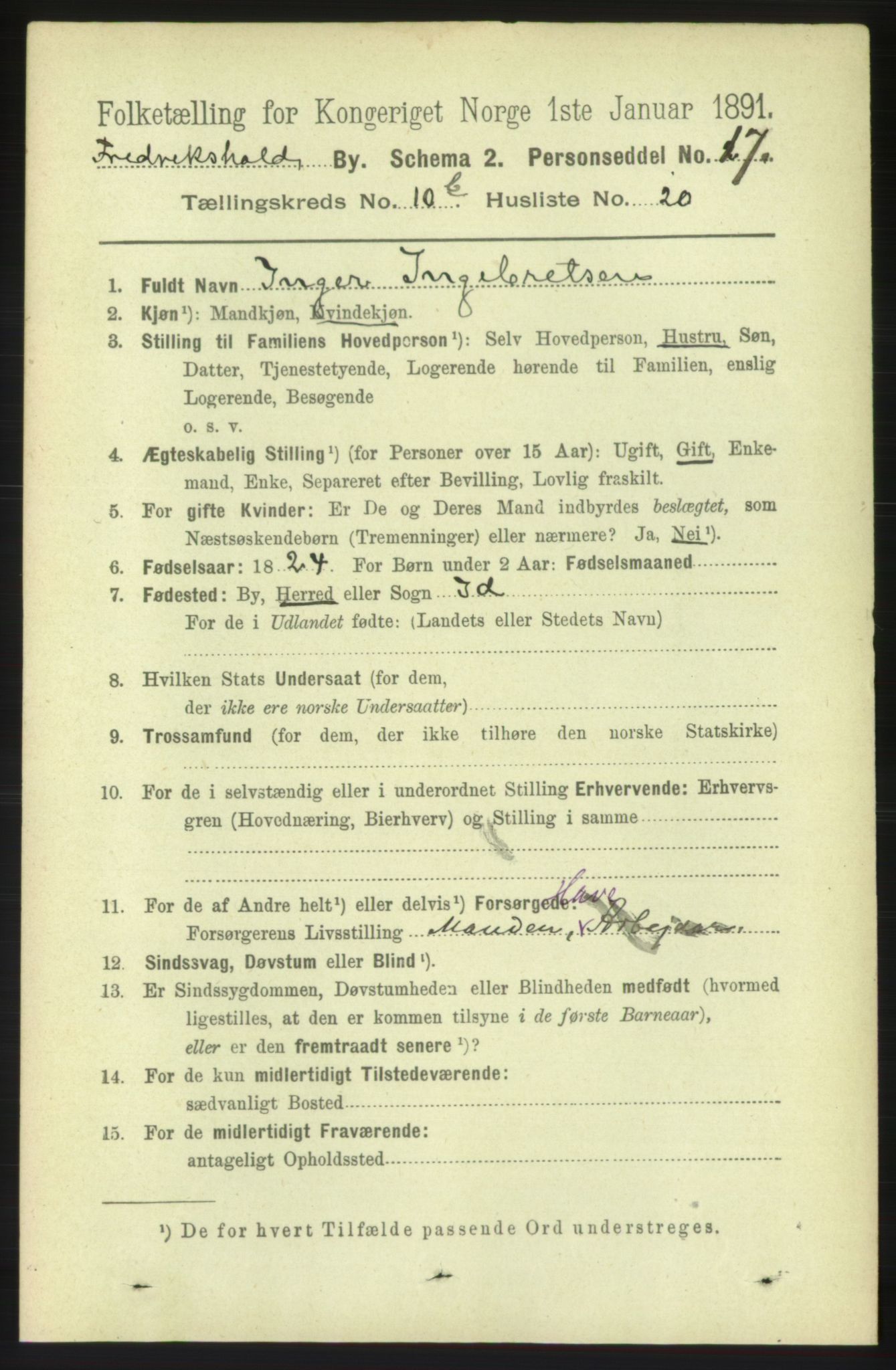 RA, 1891 census for 0101 Fredrikshald, 1891, p. 7637