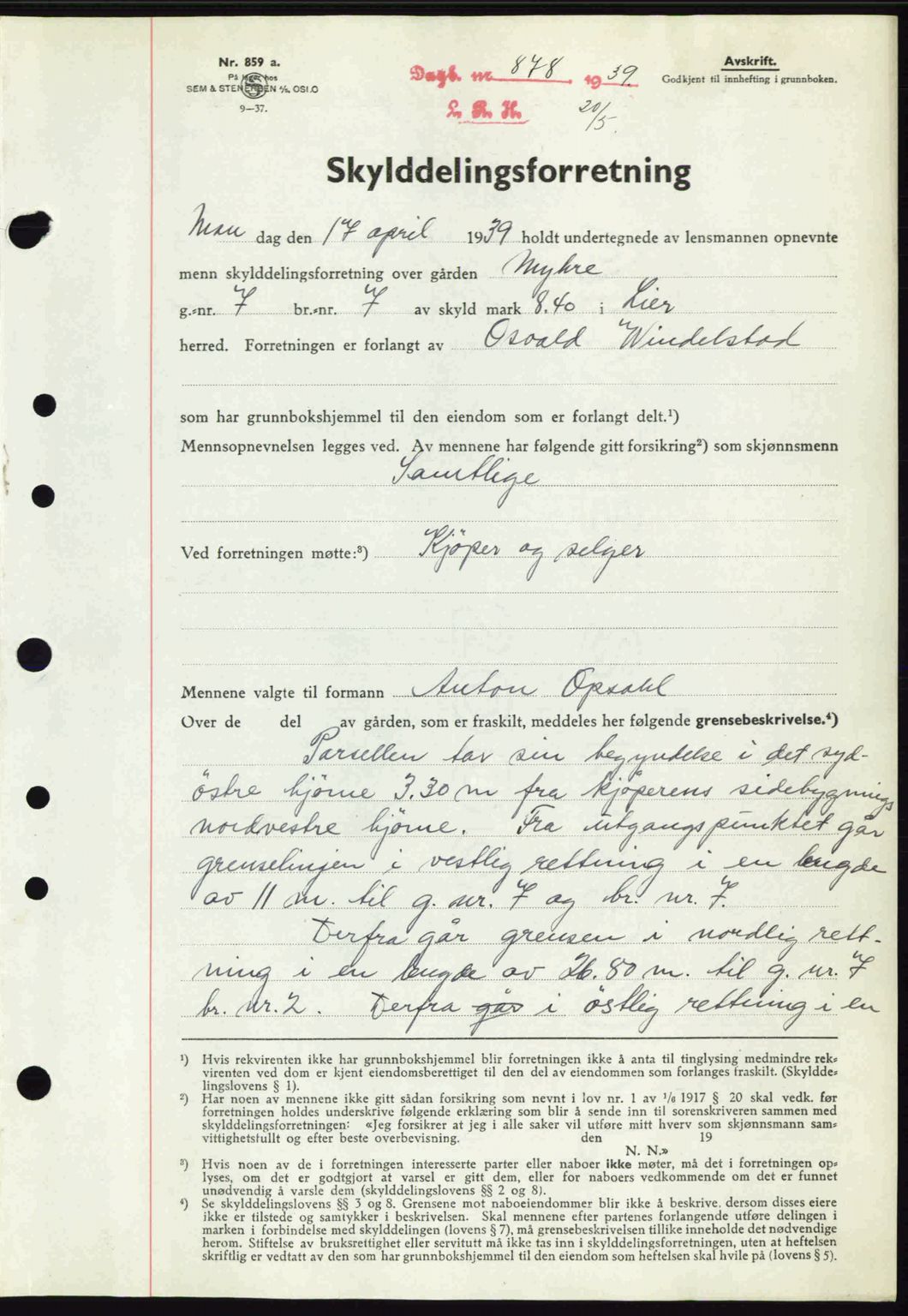 Lier, Røyken og Hurum sorenskriveri, AV/SAKO-A-89/G/Ga/Gab/L0063: Mortgage book no. 63, 1939-1939, Diary no: : 878/1939