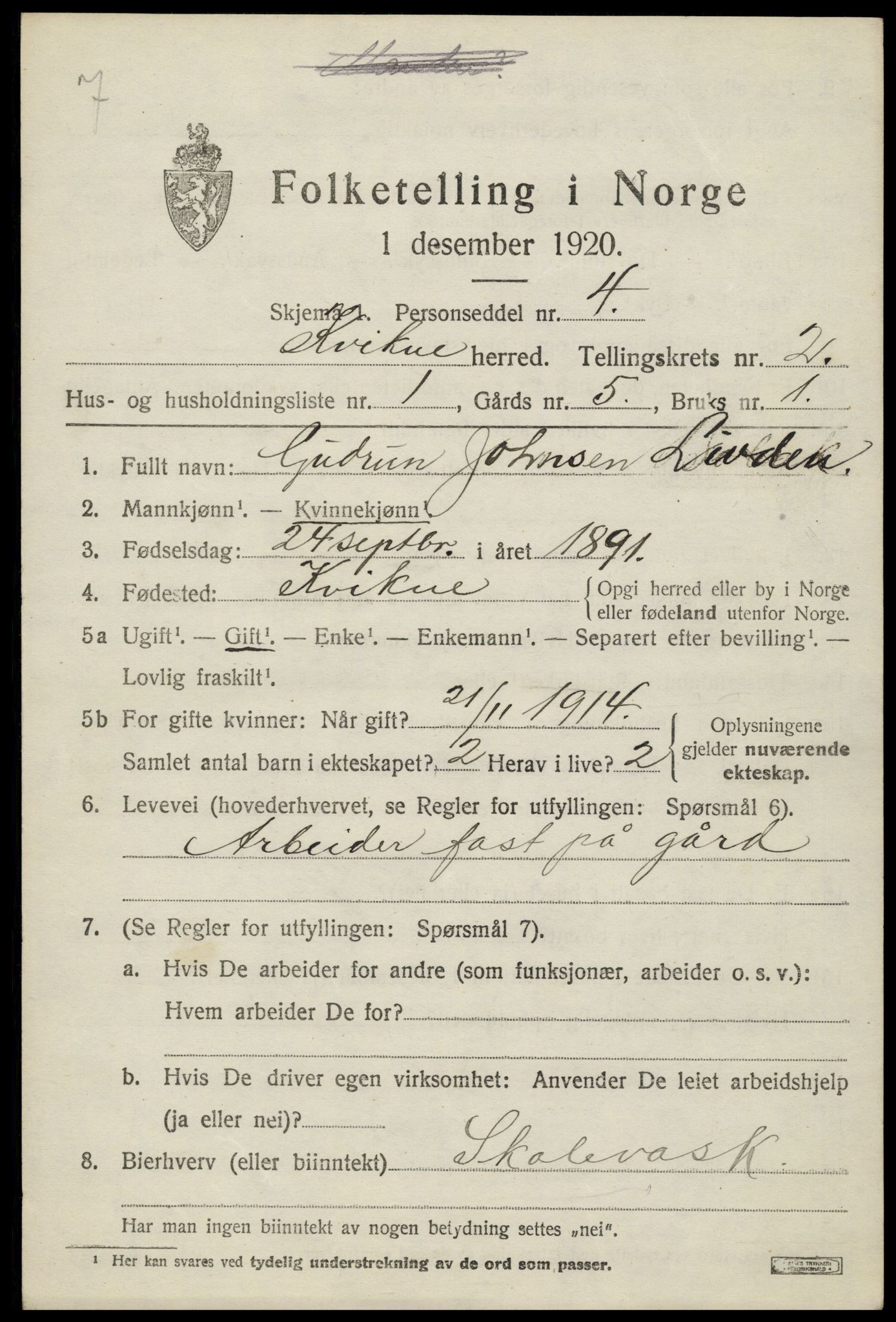 SAH, 1920 census for Kvikne, 1920, p. 974