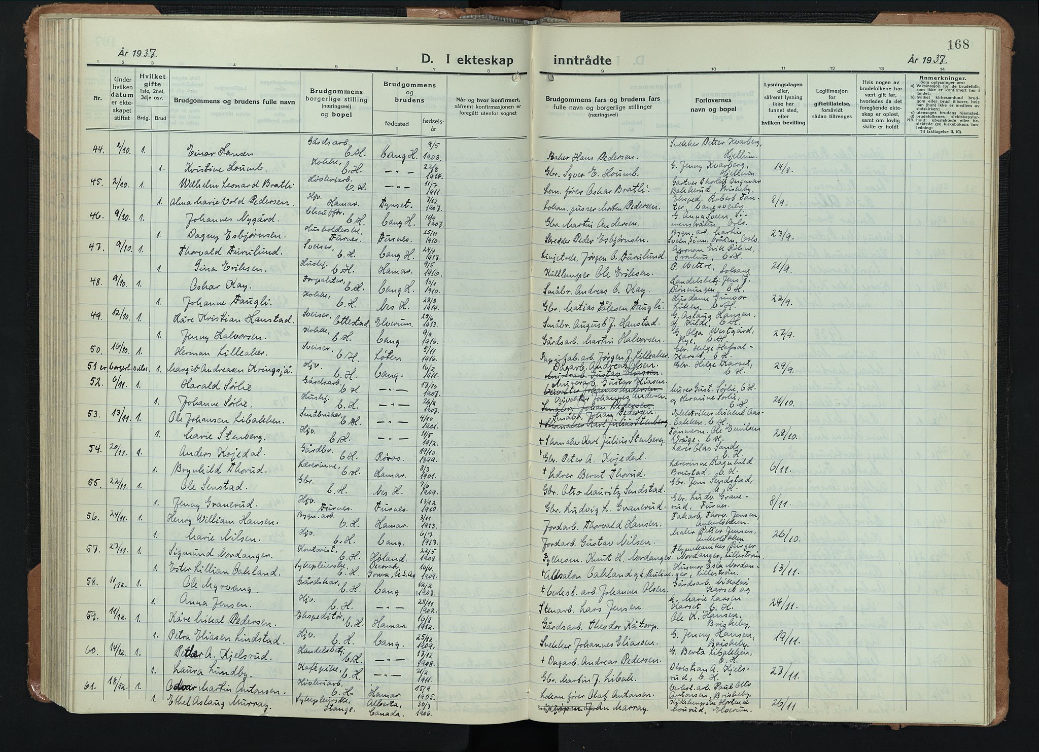 Vang prestekontor, Hedmark, AV/SAH-PREST-008/H/Ha/Hab/L0016: Parish register (copy) no. 16, 1933-1945, p. 168