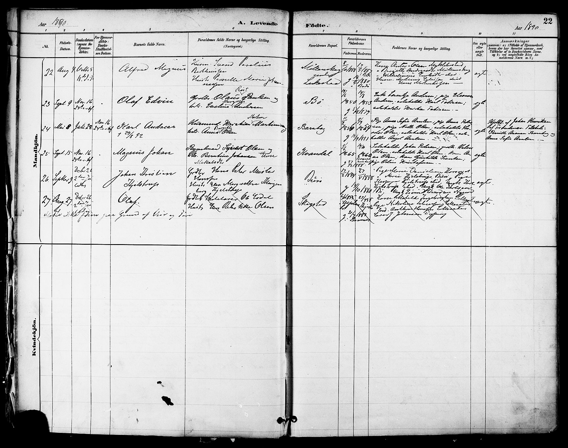 Ministerialprotokoller, klokkerbøker og fødselsregistre - Nordland, AV/SAT-A-1459/855/L0803: Parish register (official) no. 855A11, 1887-1905, p. 22