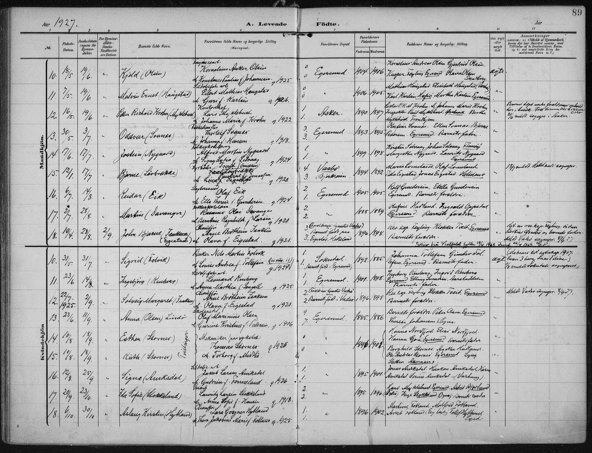 Eigersund sokneprestkontor, AV/SAST-A-101807/S08/L0022: Parish register (official) no. A 21, 1905-1928, p. 89