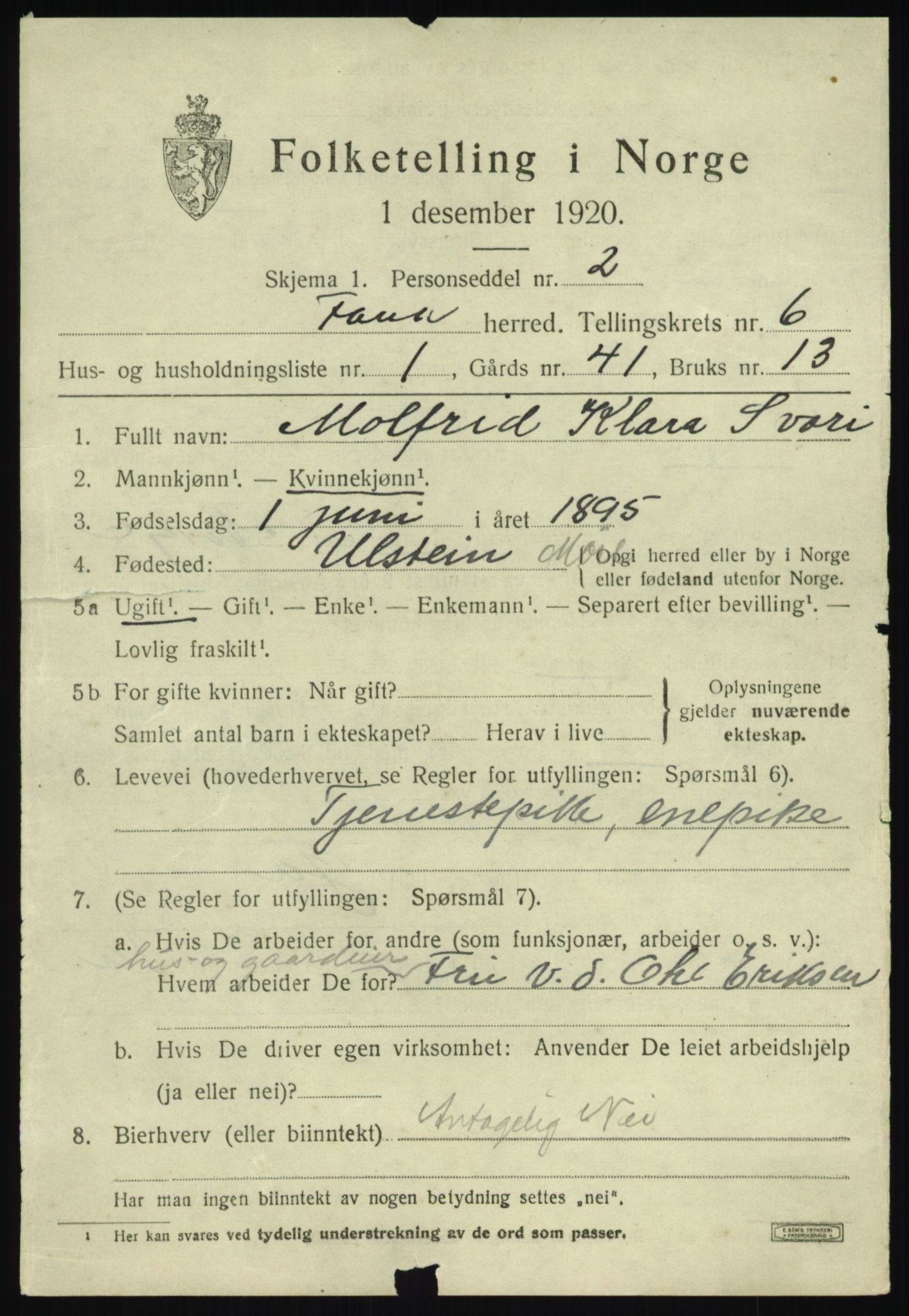 SAB, 1920 census for Fana, 1920, p. 10125