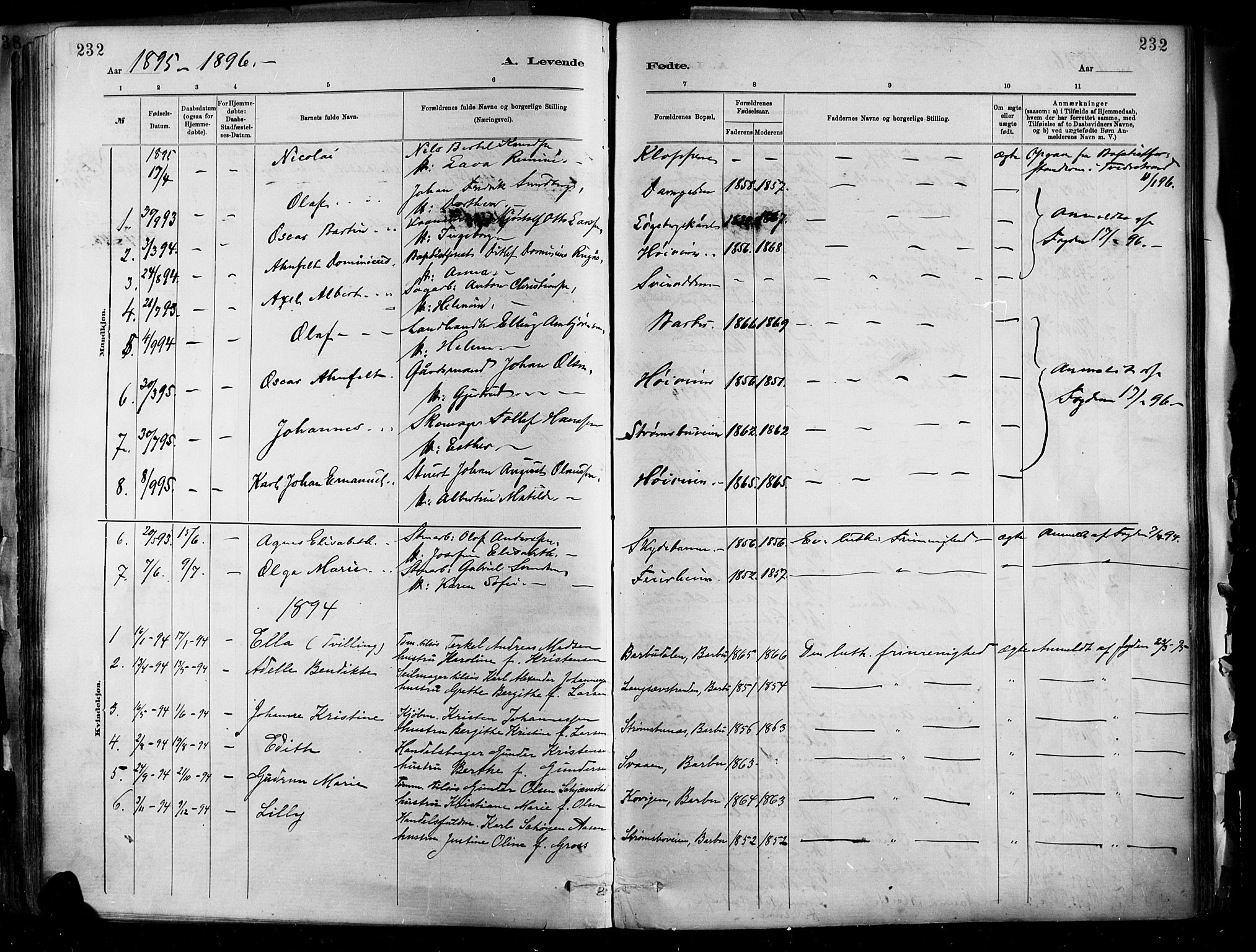 Barbu sokneprestkontor, SAK/1111-0003/F/Fa/L0002: Parish register (official) no. A 2, 1883-1898, p. 232