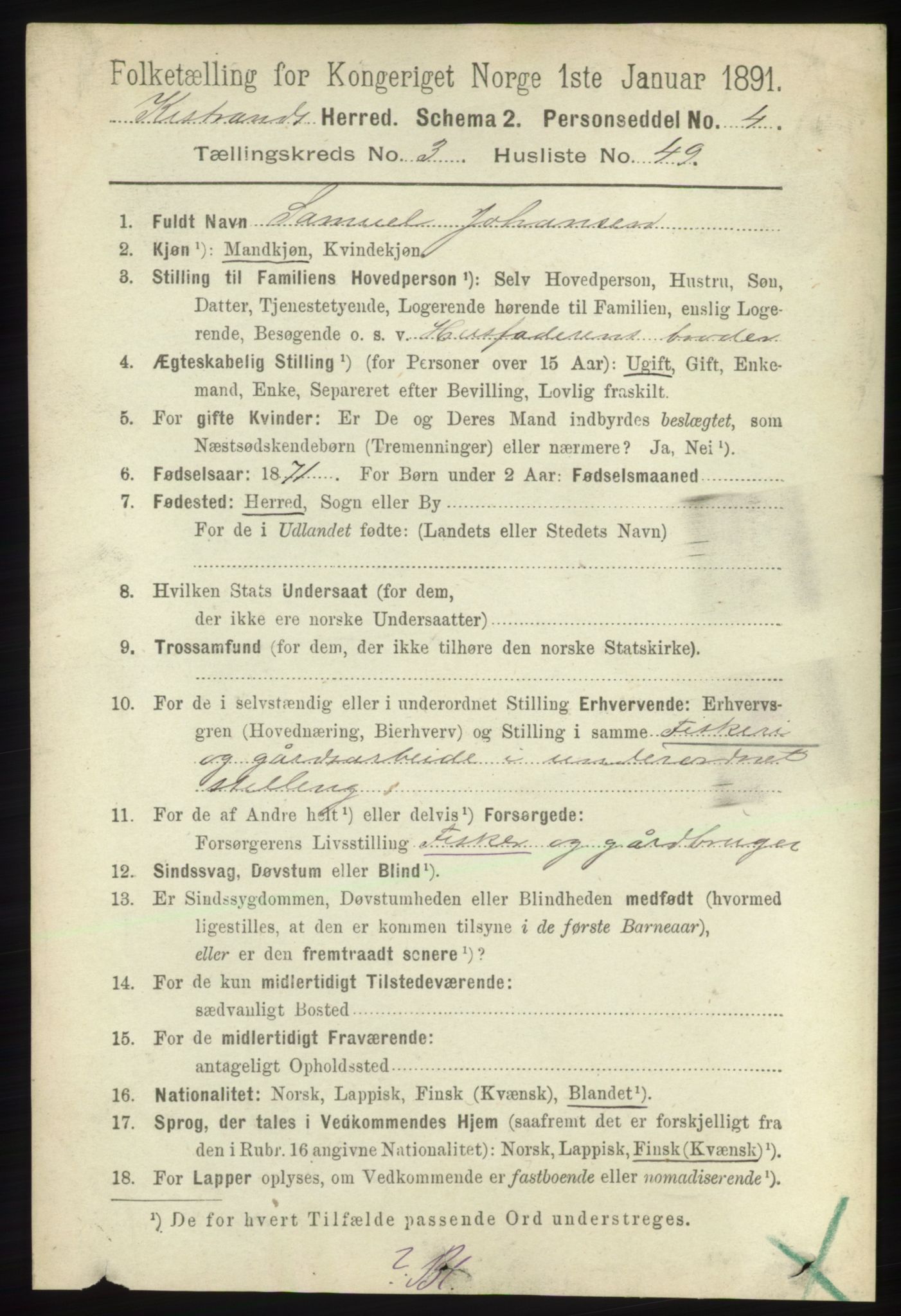 RA, 1891 census for 2020 Kistrand, 1891, p. 1559