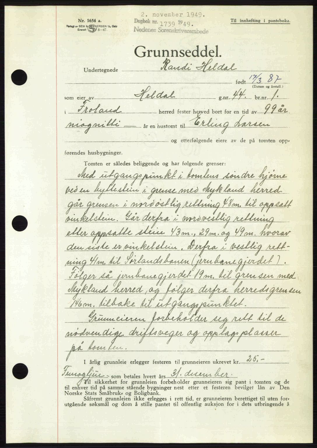 Nedenes sorenskriveri, AV/SAK-1221-0006/G/Gb/Gba/L0061: Mortgage book no. A13, 1949-1949, Diary no: : 1739/1949