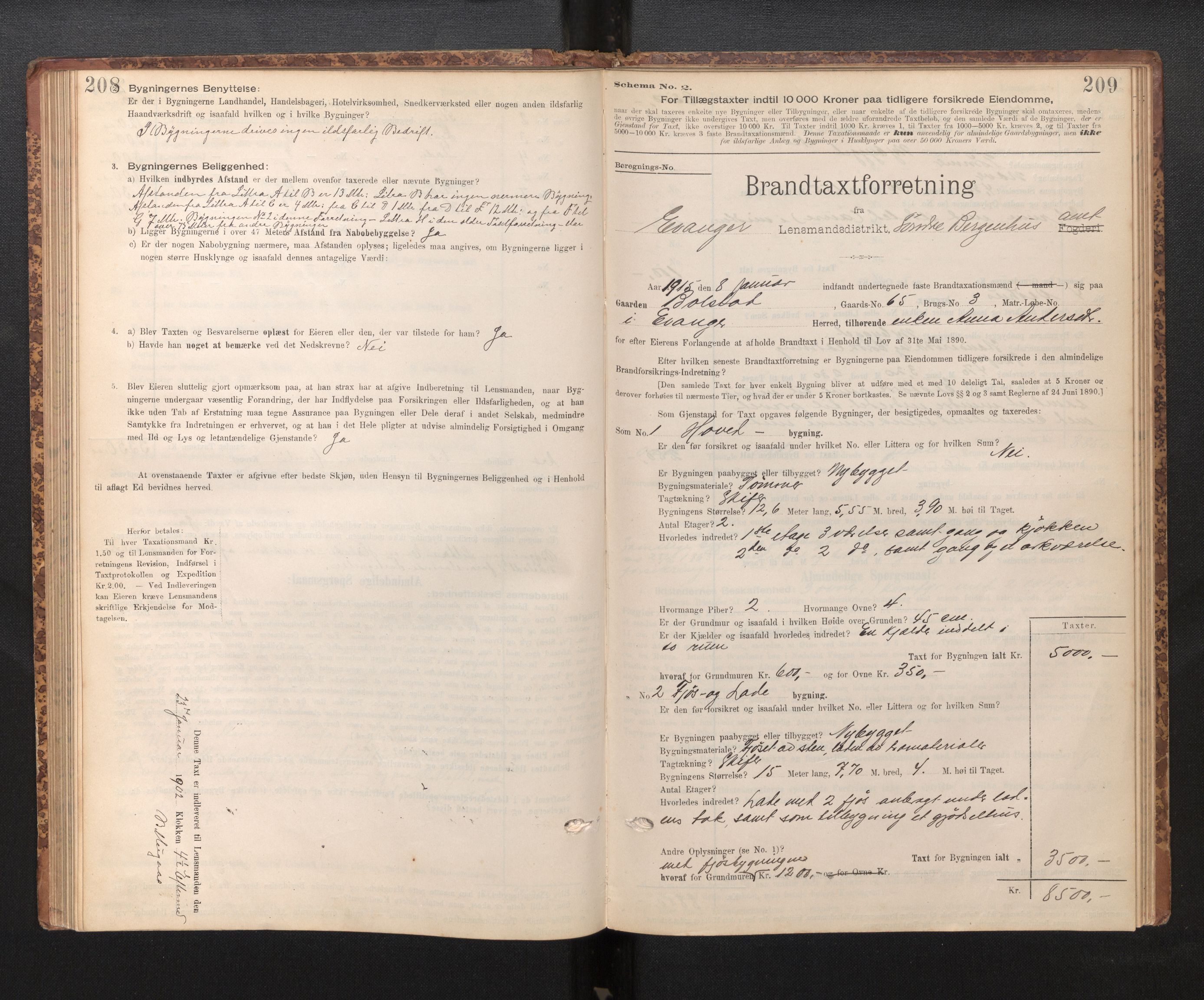 Lensmannen i Evanger, SAB/A-31701/0012/L0005: Branntakstprotokoll, skjematakst, 1895-1935, p. 208-209