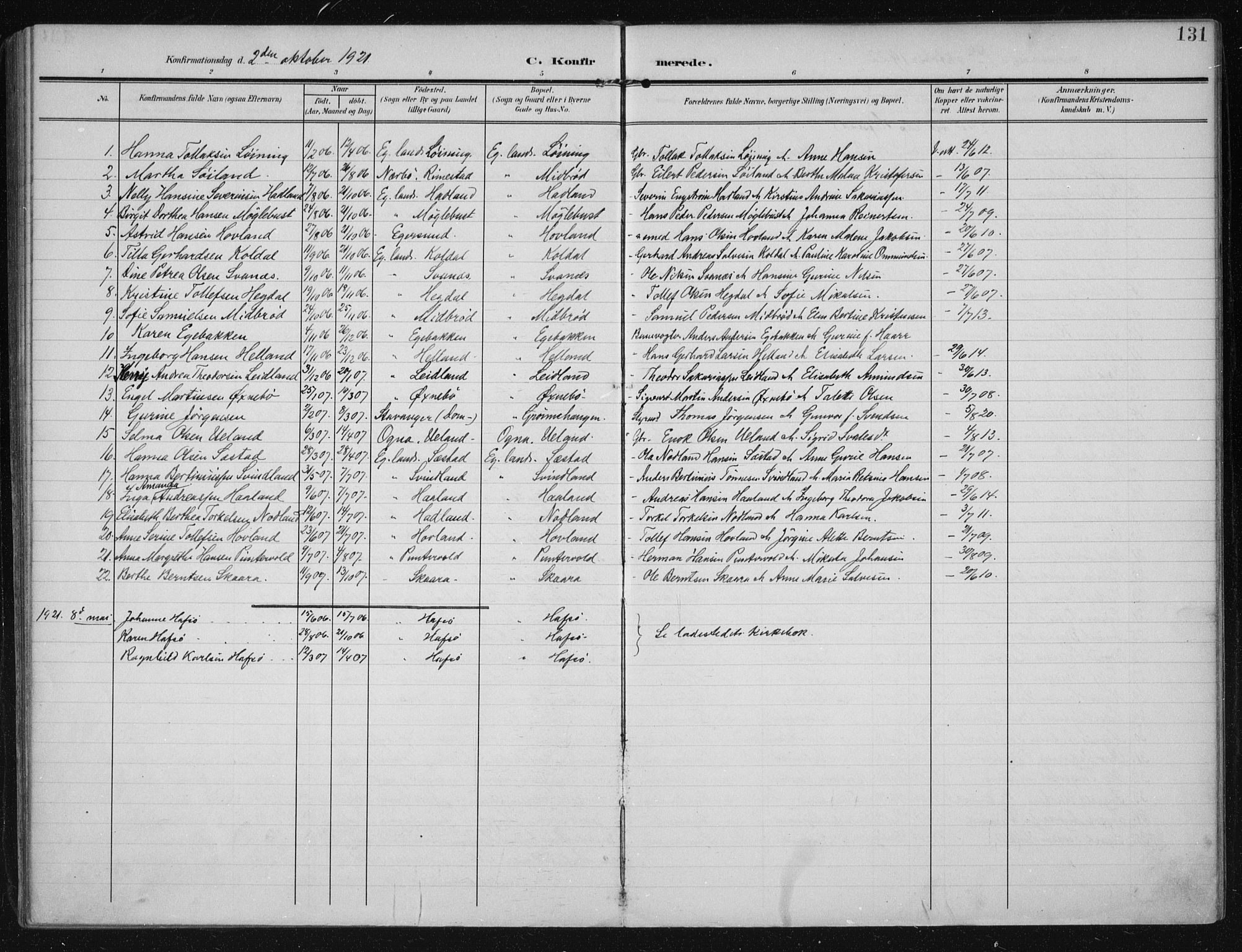 Eigersund sokneprestkontor, AV/SAST-A-101807/001/30/30BA/L0021: Parish register (official) no. A 20, 1906-1928, p. 131