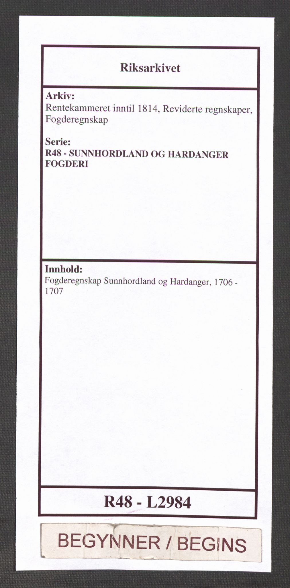 Rentekammeret inntil 1814, Reviderte regnskaper, Fogderegnskap, AV/RA-EA-4092/R48/L2984: Fogderegnskap Sunnhordland og Hardanger, 1706-1707, p. 1