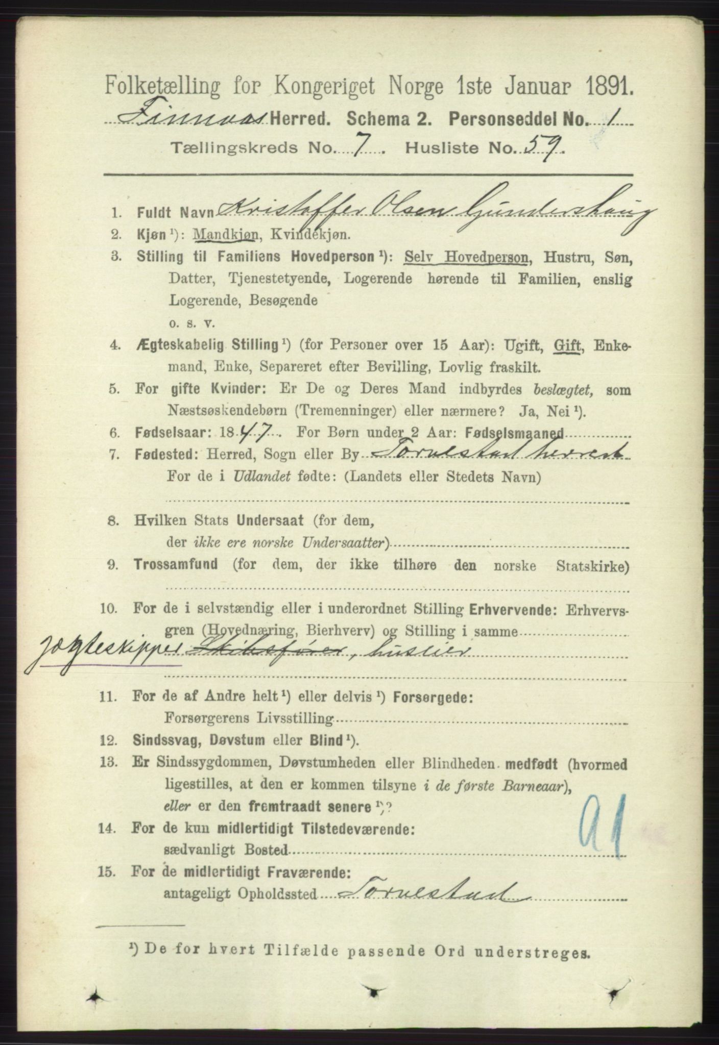 RA, 1891 census for 1218 Finnås, 1891, p. 3018