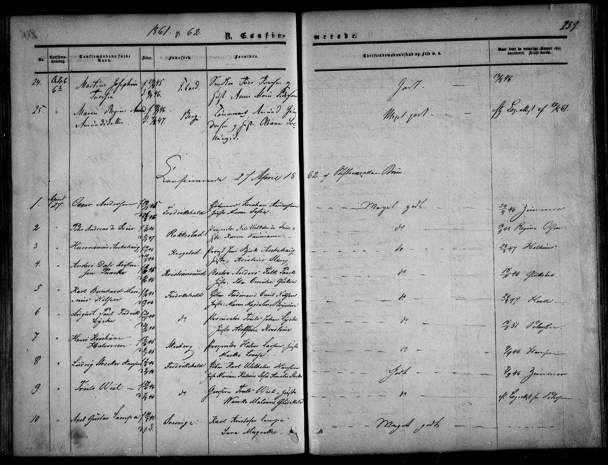 Halden prestekontor Kirkebøker, AV/SAO-A-10909/F/Fa/L0007: Parish register (official) no. I 7, 1857-1865, p. 239