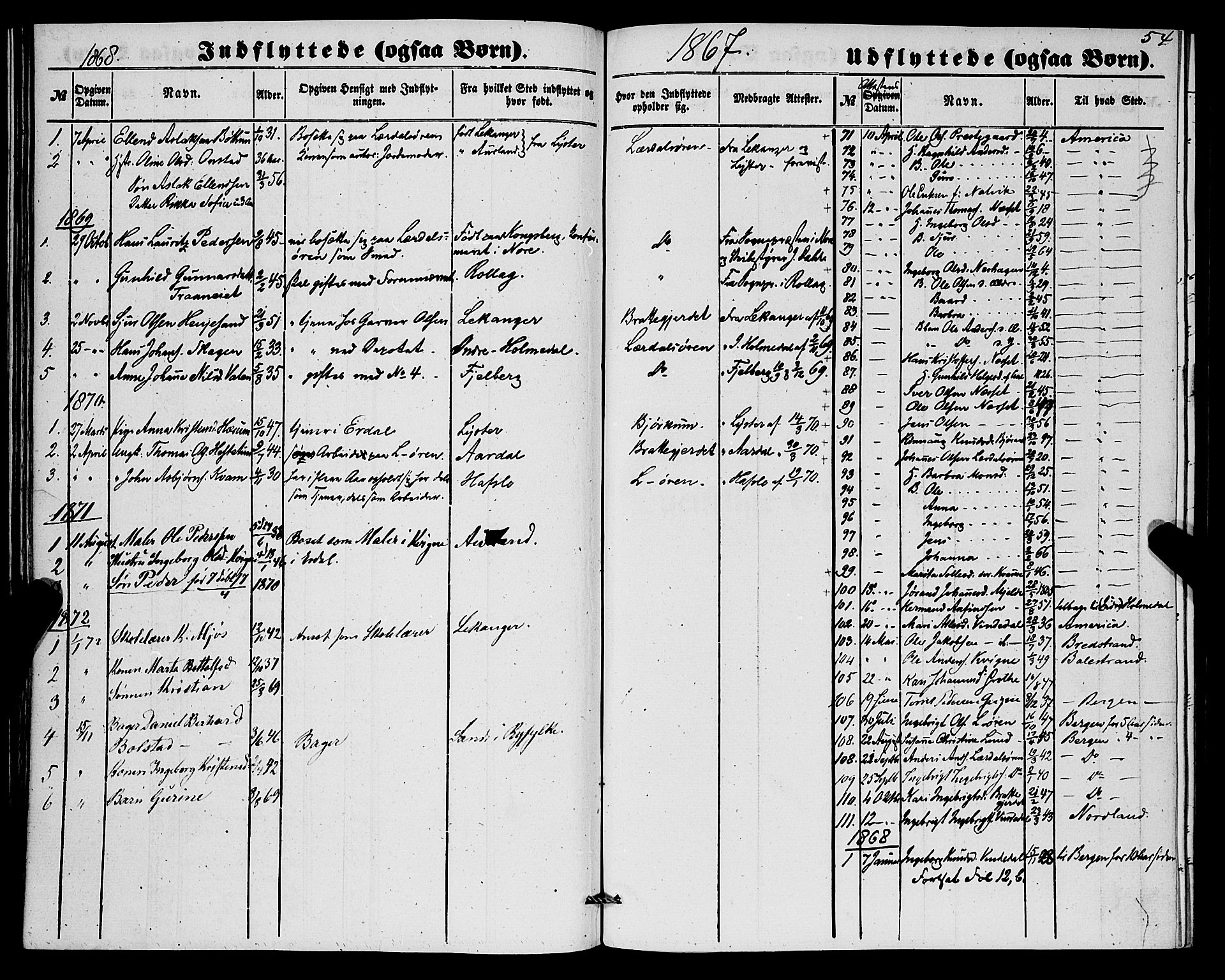 Lærdal sokneprestembete, SAB/A-81201: Parish register (official) no. A 17, 1851-1877, p. 54