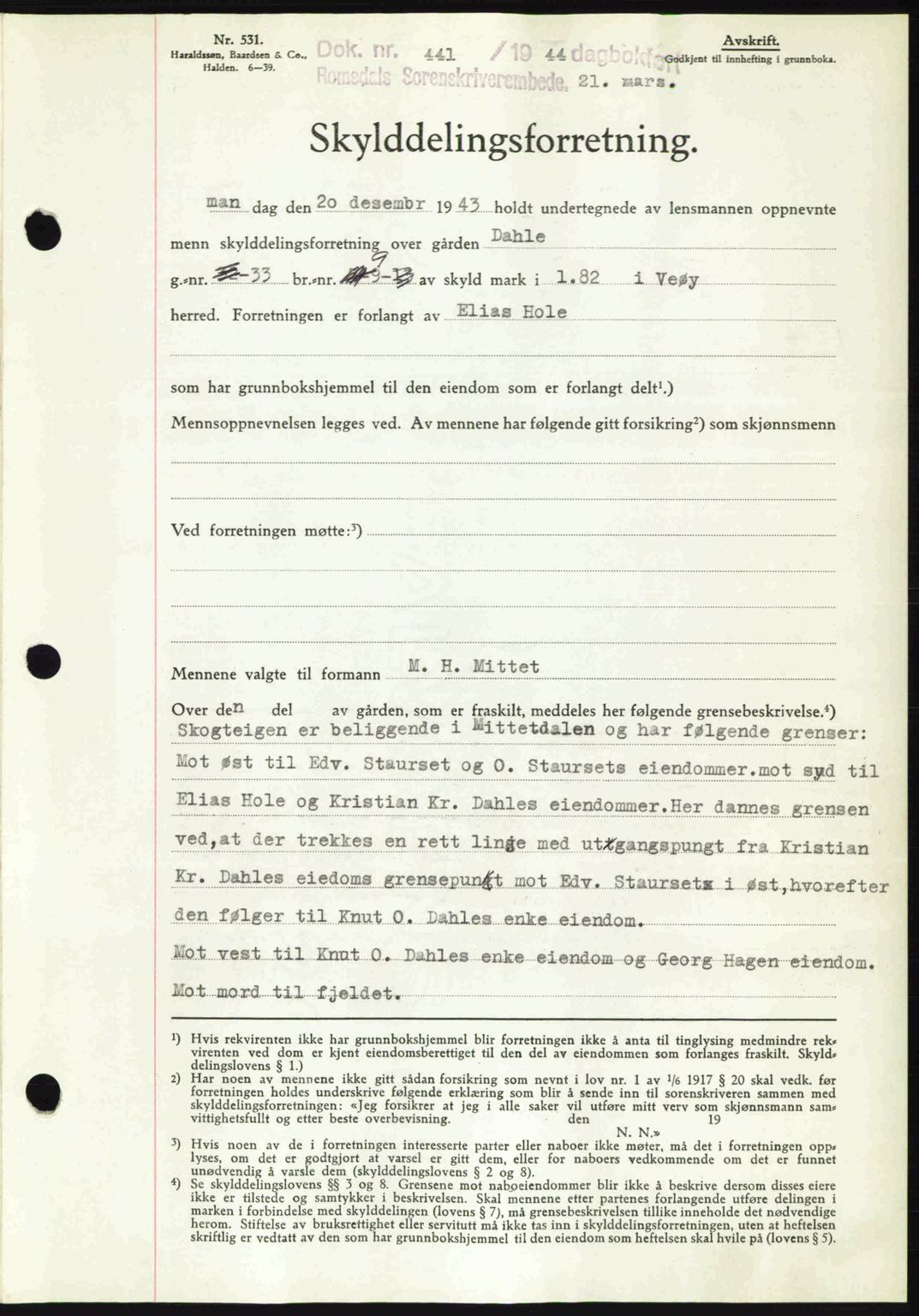 Romsdal sorenskriveri, SAT/A-4149/1/2/2C: Mortgage book no. A16, 1944-1944, Diary no: : 441/1944