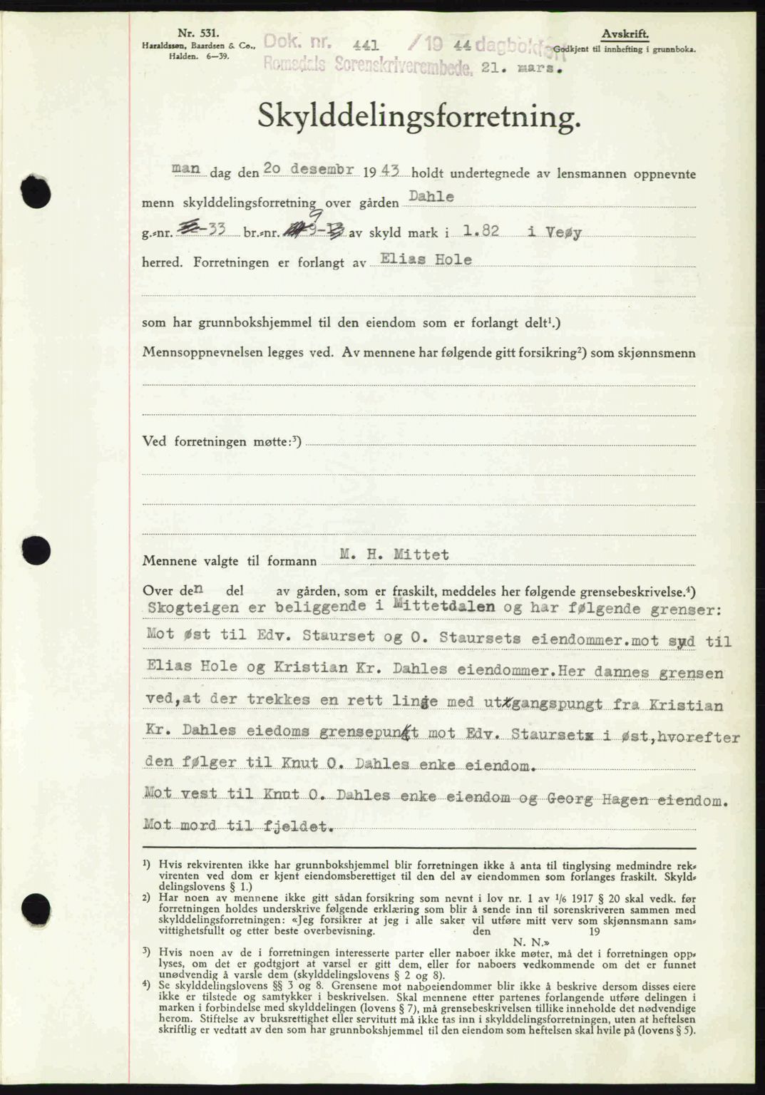 Romsdal sorenskriveri, AV/SAT-A-4149/1/2/2C: Mortgage book no. A16, 1944-1944, Diary no: : 441/1944