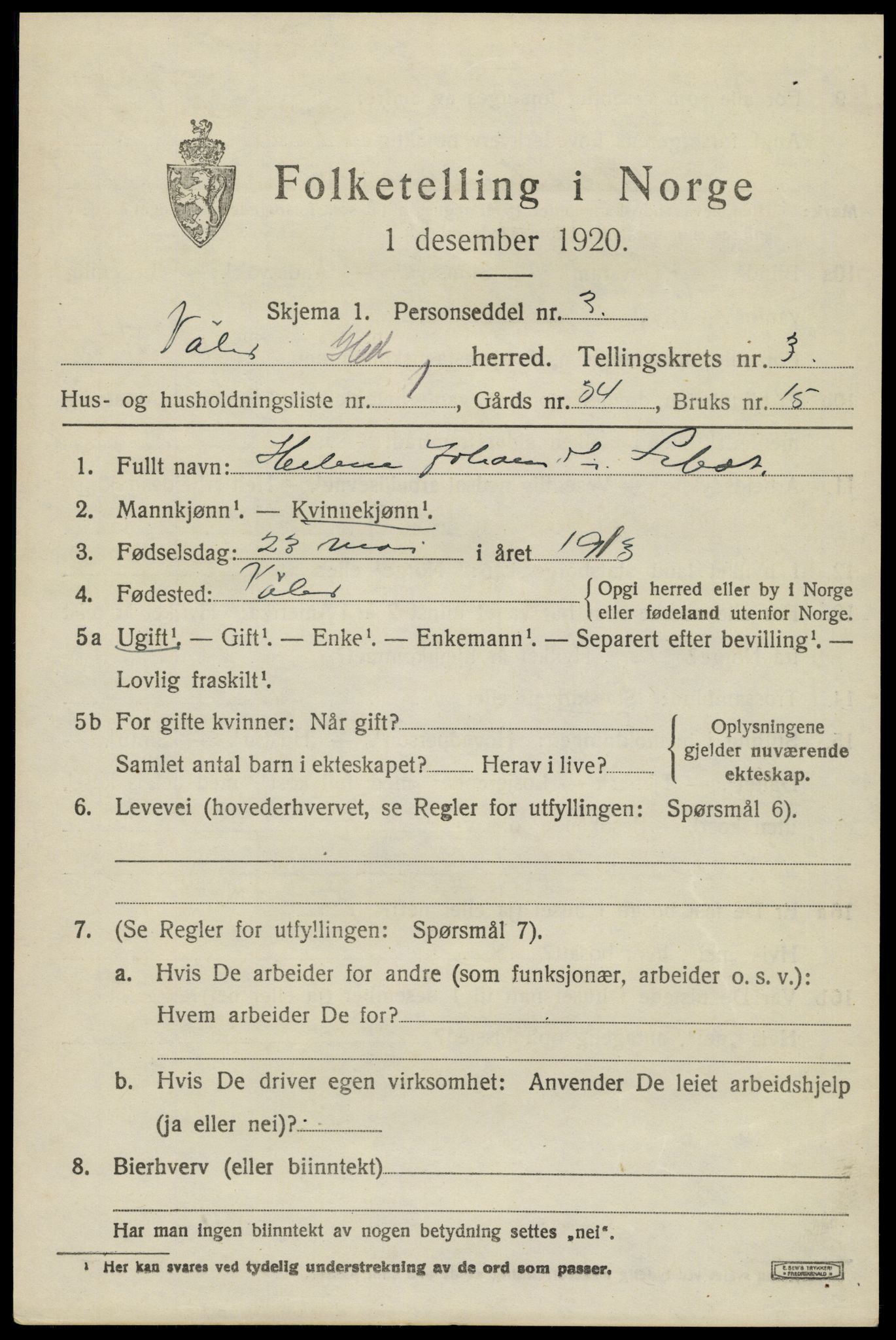 SAH, 1920 census for Våler (Hedmark), 1920, p. 3369